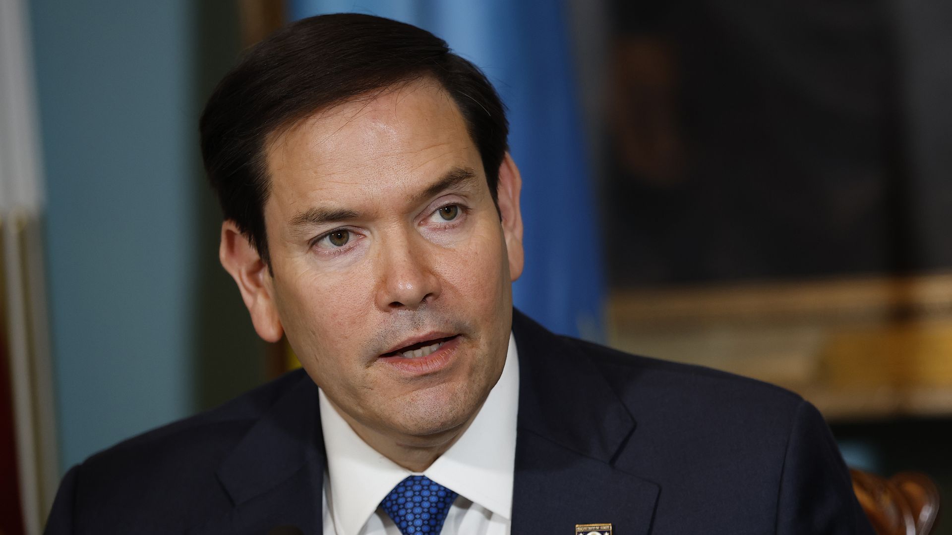 Secretary of State Marco Rubio delivers remarks during a a Declaration of Principles signing ceremony with Democratic Republic of the Congo Foreign Minister Thérèse Kayikwamba Wagner and Rwandan Foreign Minister Olivier Nduhungirehe at the State Department on April 25, 2025 in Washington, DC. The U.