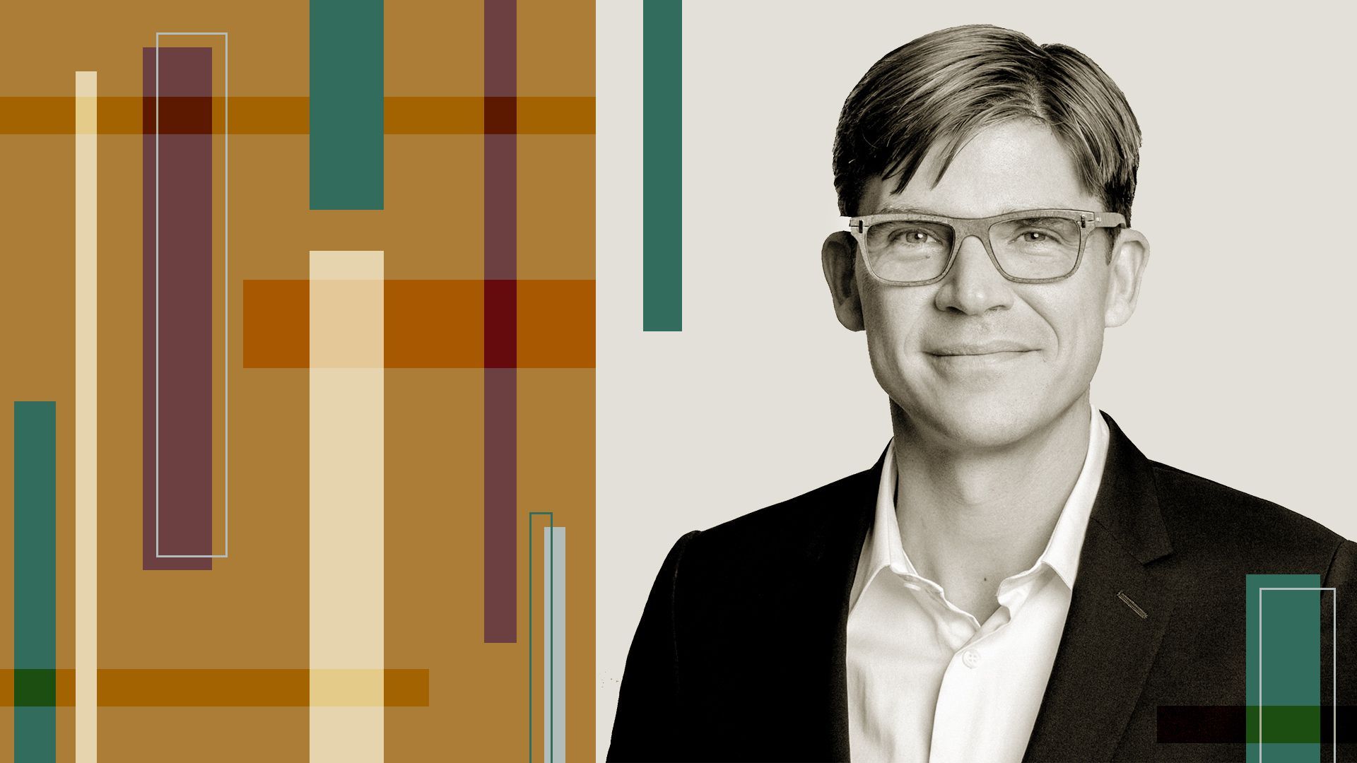 Photo illustration of Kasper Knokgaard with abstract shapes.