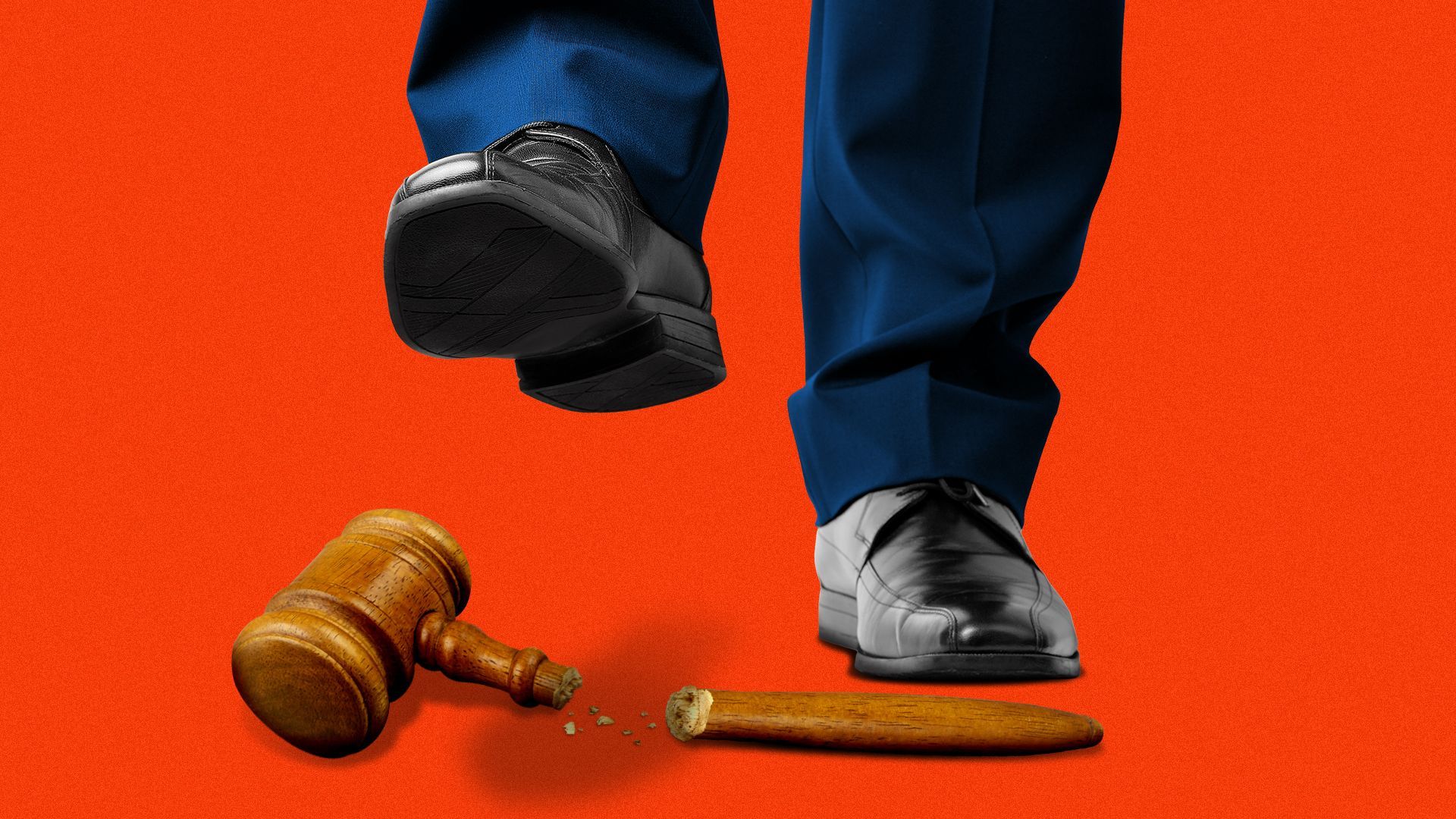 Illustration of a Trump-like figure standing over a broken gavel