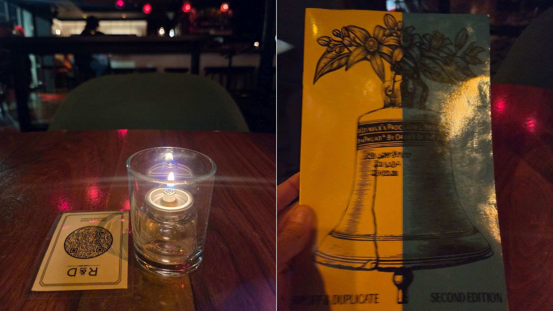 Two-panel dim bar scene: left shows a lit candle in a glass on a wooden table with a QR card; right shows a hand holding a yellow booklet featuring a bottle with a plant illustration.