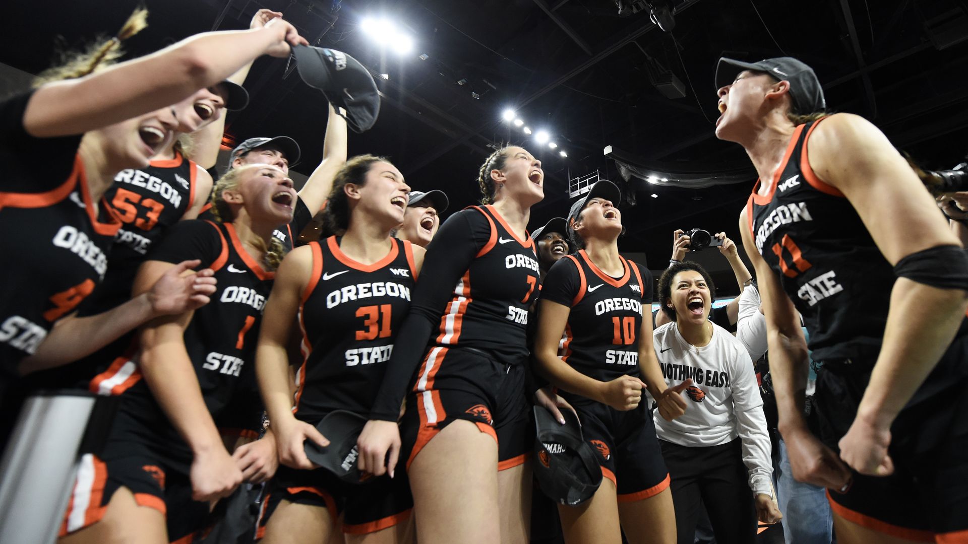 The Oregon State Beavers celebrate defeating the Portland Pilots 59-46 in the championship game of the West Coast Conference women's basketball tournament in Las Vegas, Nevada.