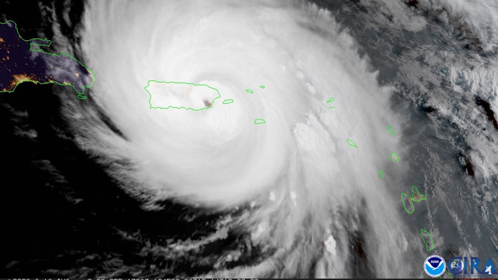 Satellite image showing Hurricane Maria striking Puerto Rico as a Category 4 hurricane in September 2017.