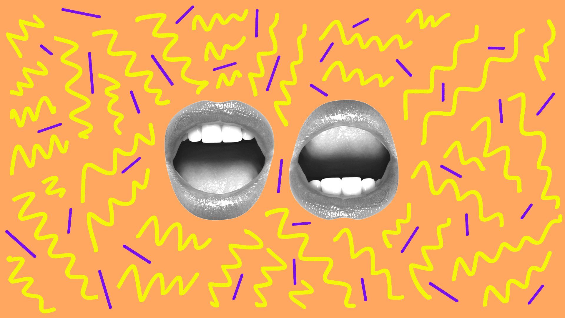 Illustration of two mouths surrounded by 90s style pattern