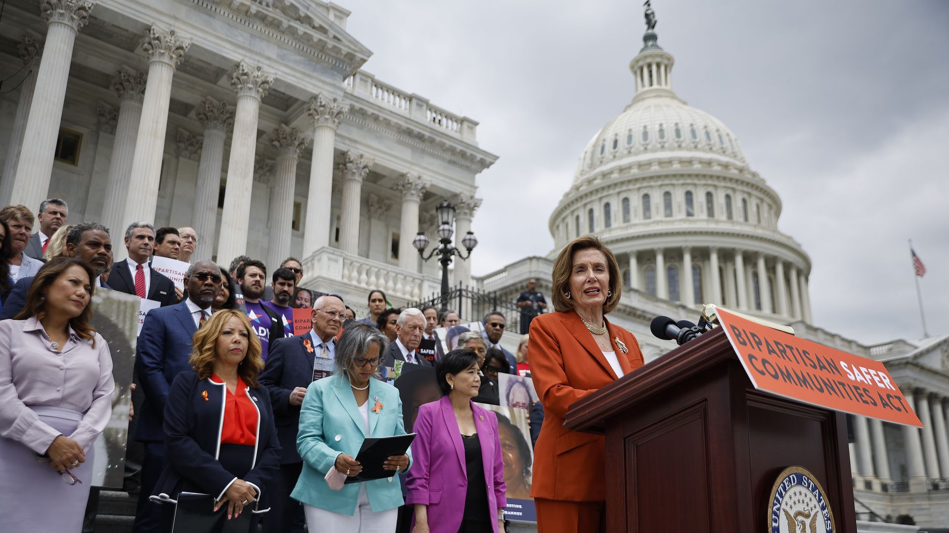 Speaker of the House Nancy Pelosi (D-CA) delivers remarks as she joins fellow Democrats for a rally before voting on the Bipartisan Safer Communities Act in outside the U.S. Capitol on June 24, 2022.