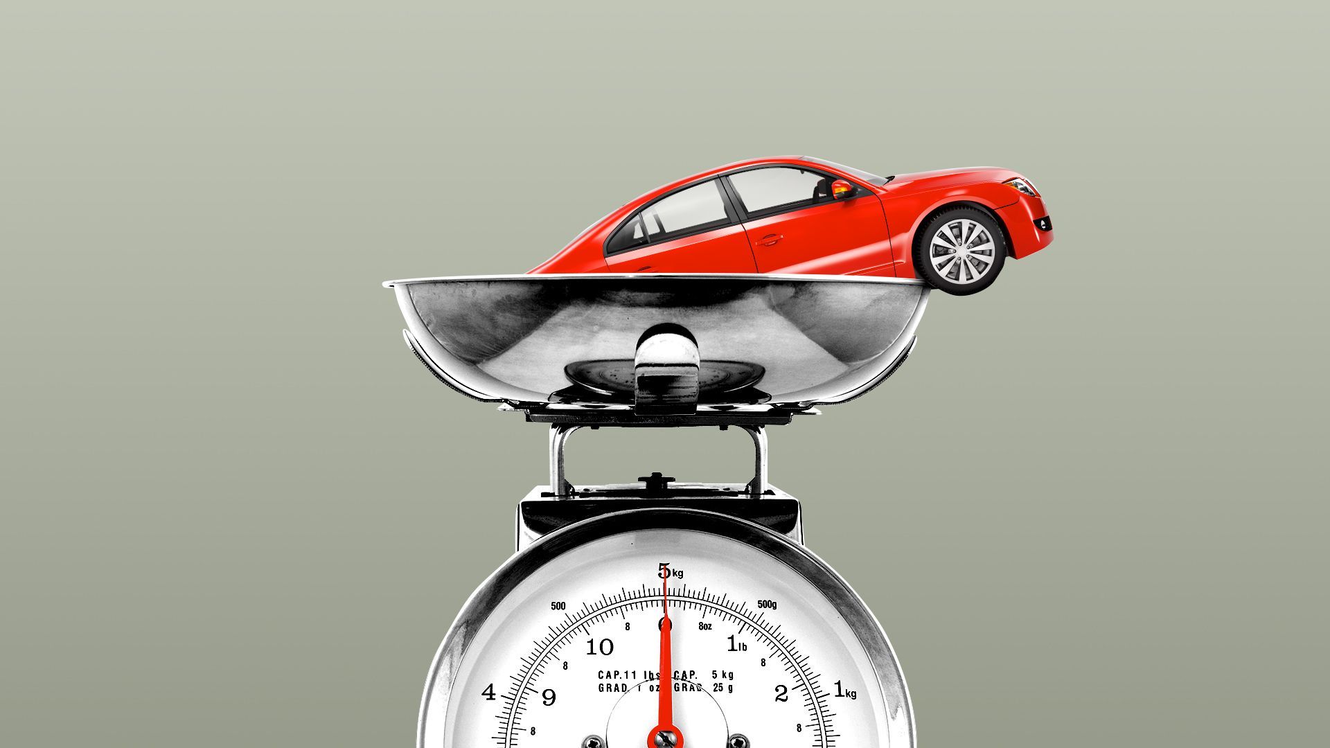 Illustration of a car on a kitchen scale, the scale reads 0 lbs.  