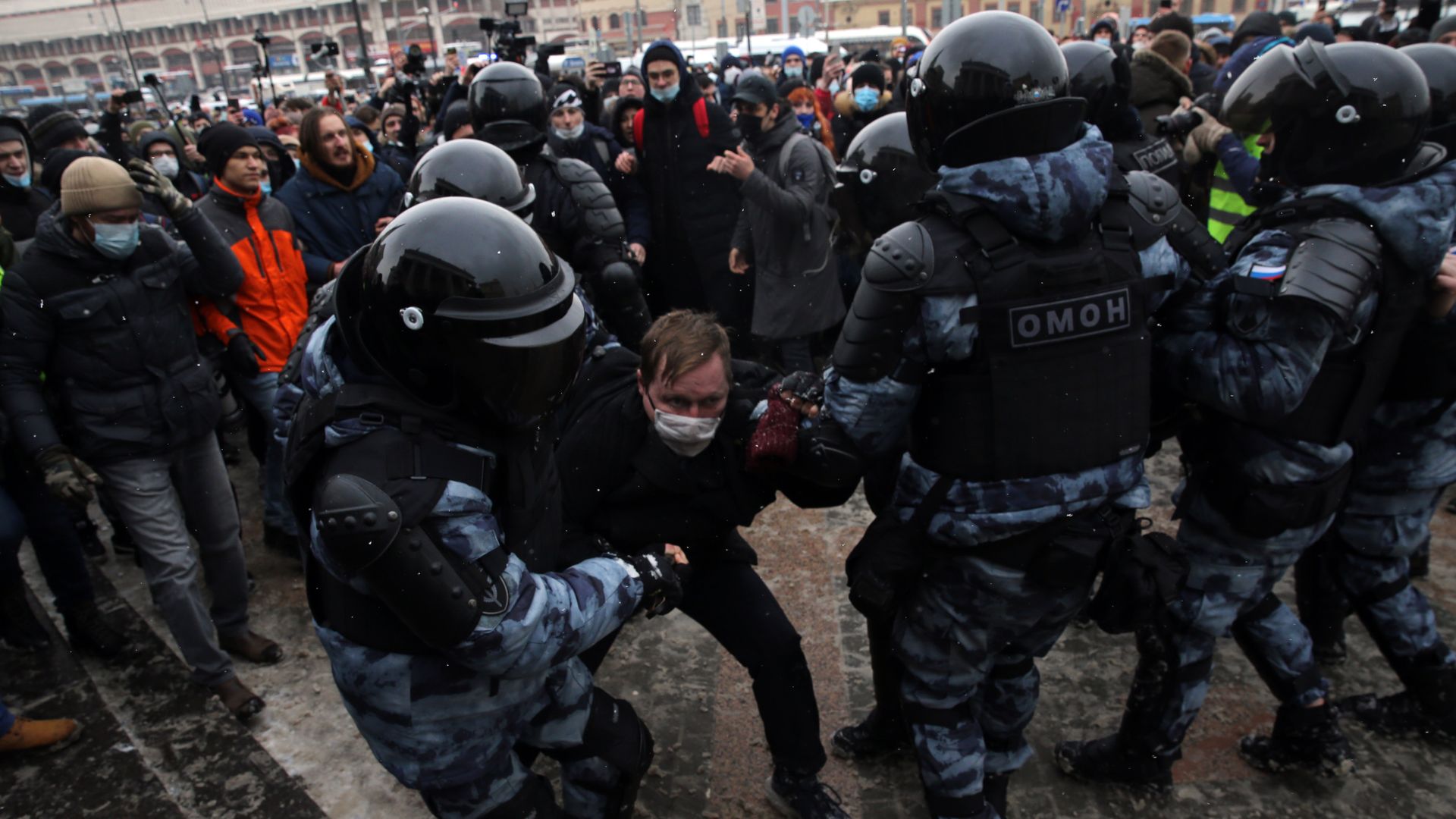 Police detain protesters during an unauthorized protest rally against the jailing of opposition leader Alexei Navalny, on January,31,2021, in Central Moscow, Russia.