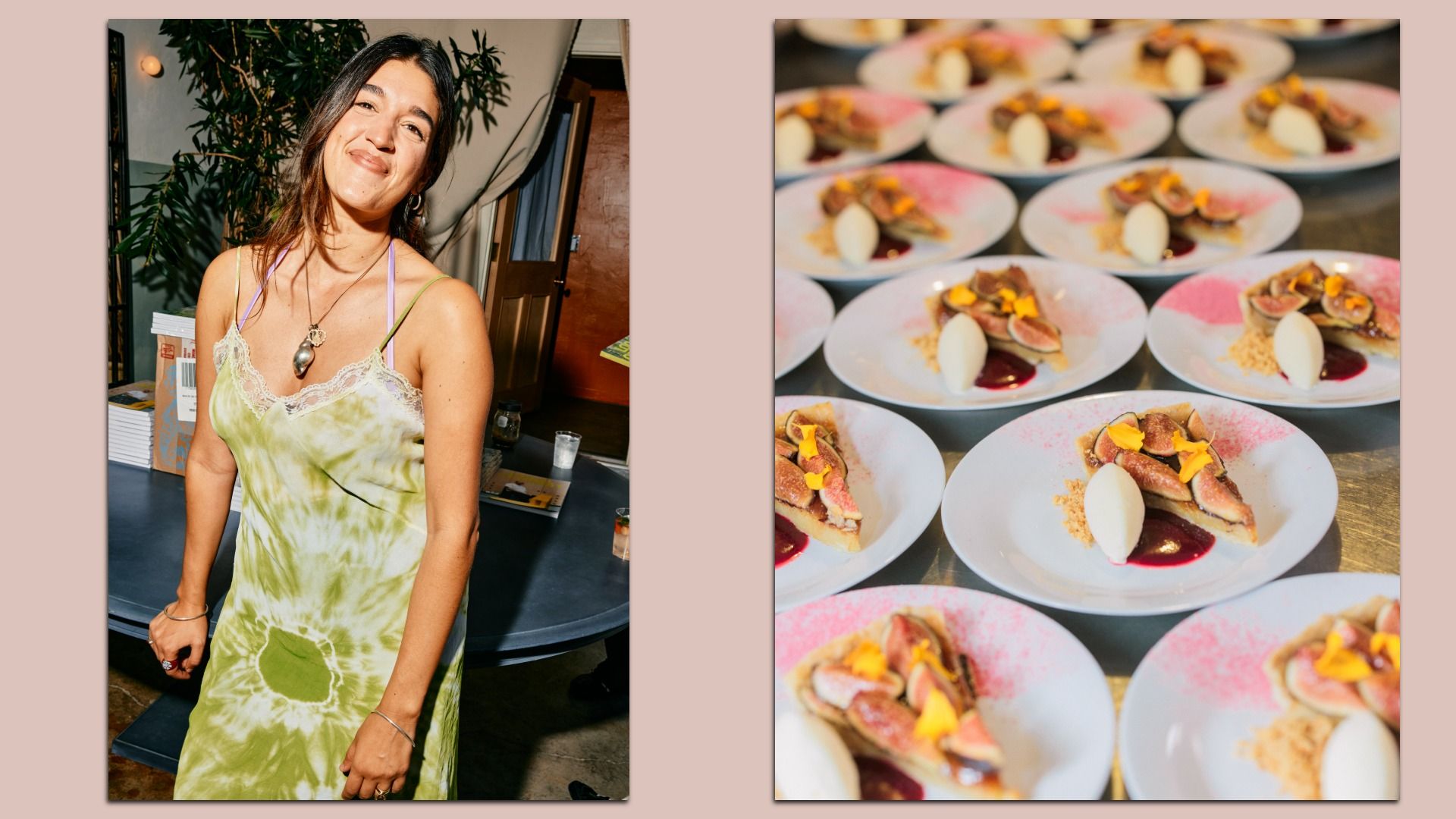 Two-panel image: left shows a smiling woman with dark hair in a lime-green tie-dye dress standing indoors near plants; right shows many plates of desserts with pink accents and white scoops.