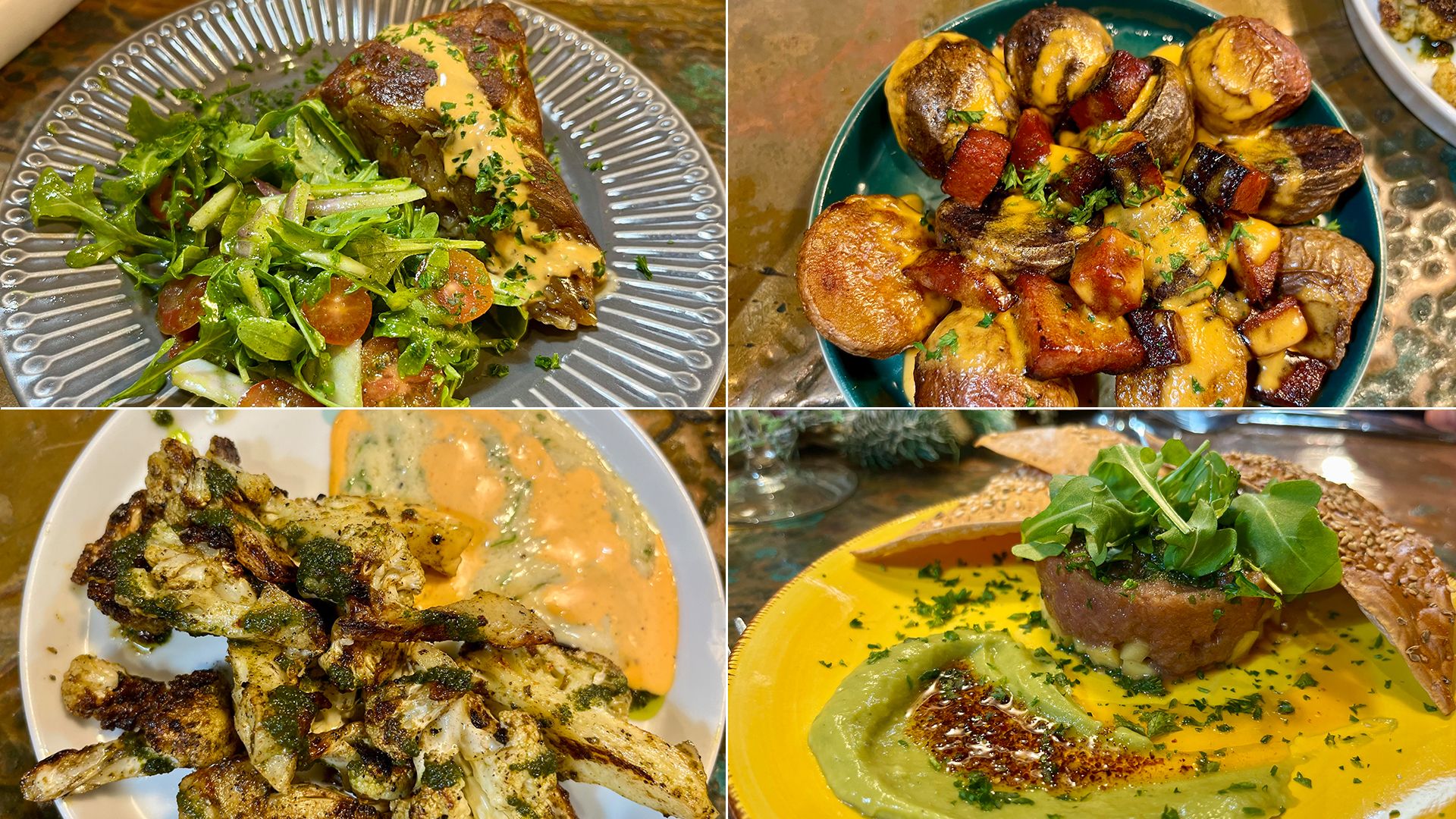 Four different small plates are shown: a potato omelet with greens, potatoes, charred cauliflower and tuna tartare.