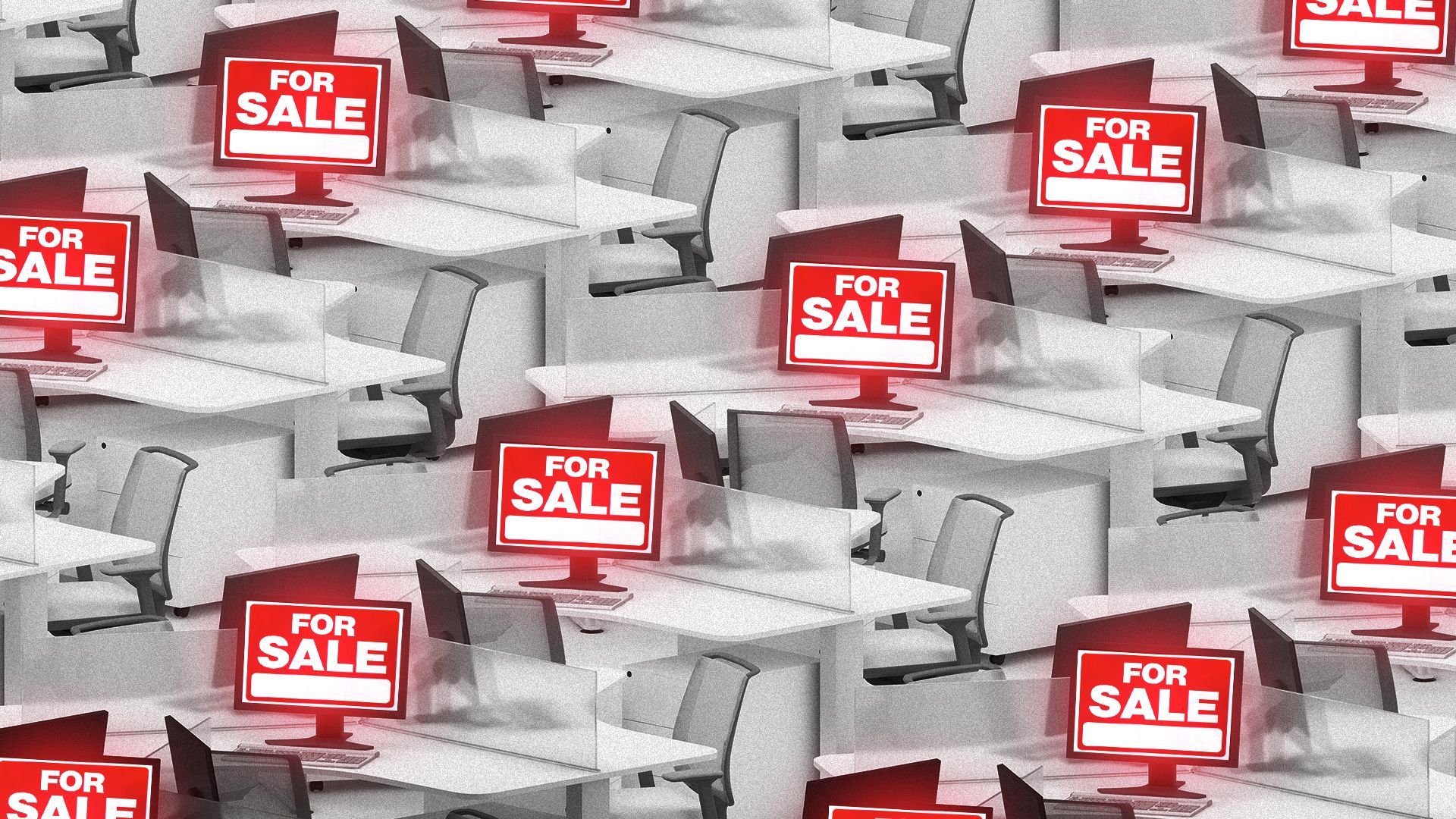 Illustration of a pattern of cubicles with the computer screens at each desk displaying a glowing "For Sale" sign. 