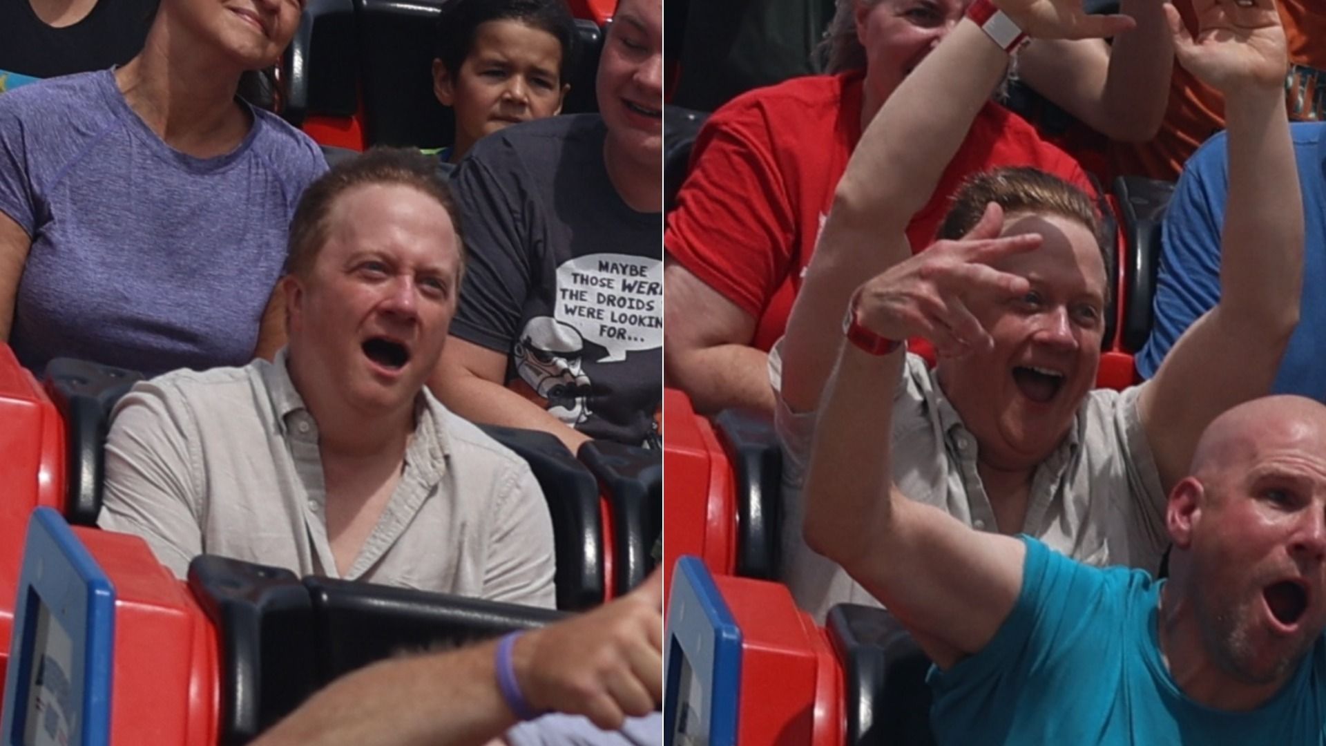 Two-panel image of excited riders on a red roller-coaster. Left: a man in a light shirt with mouth open; right: the same man raising arms in cheer amid other riders.