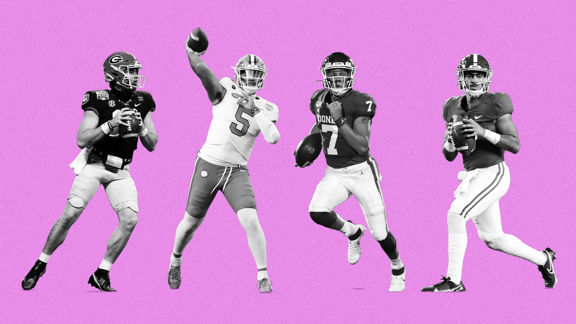 Photo illustration of college quarterbacks Spencer Rattler, J.T. Daniels,  Bryce Young and D.J. Uiagalelei.