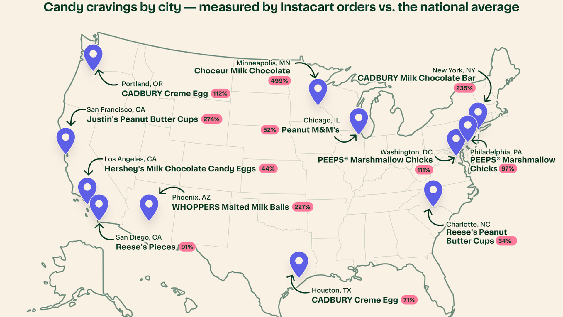 A U.S. map showing Easter candy cravings in different cities based on 2024 data from Instacart.