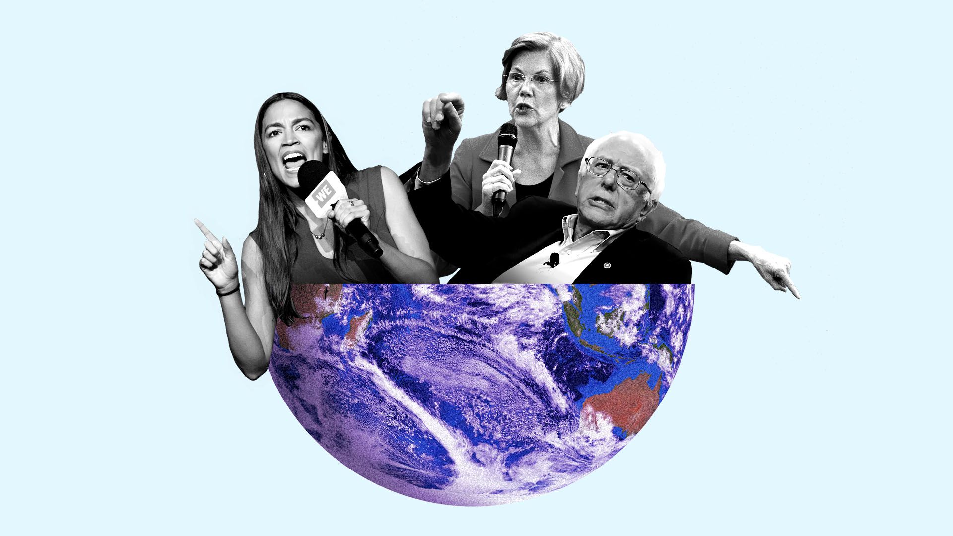 Illustration of Alexandria Ocasio-Cortez, Bernie Sanders, and Elizabeth Warren in globe