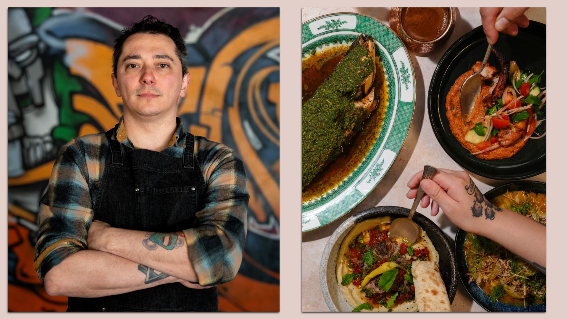 Chef in plaid shirt and apron stands arms crossed in front of a mural (left). On the right, hands serve vibrant Balkan dishes including whole fish, grilled octopus, dips and spreads at Alma in Portland.