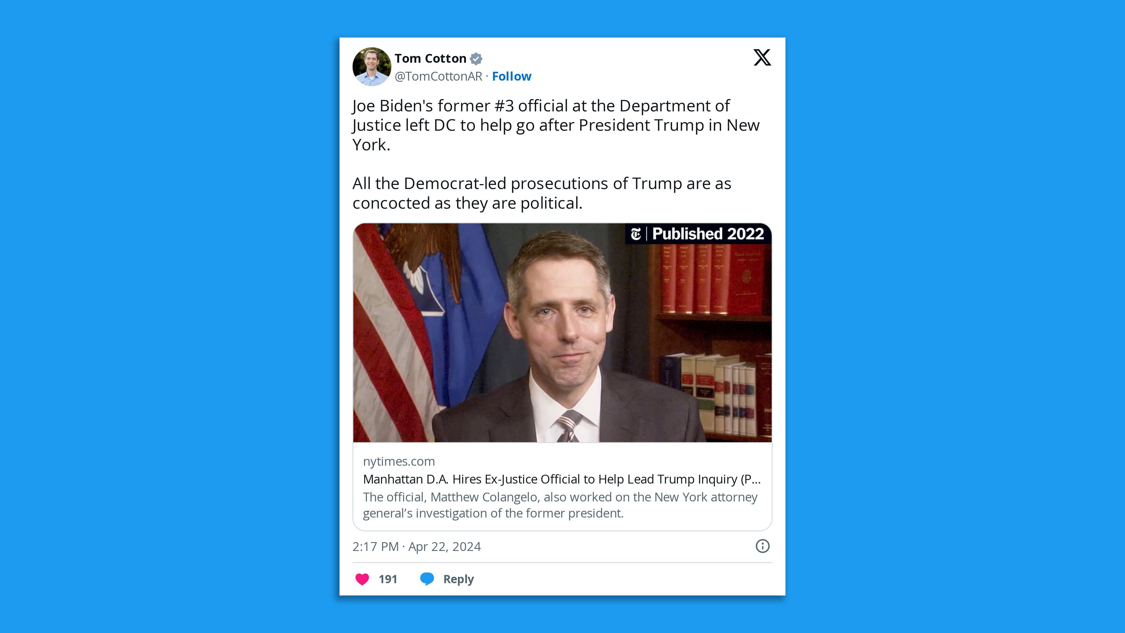 A post on X by Sen. Tom Cotton