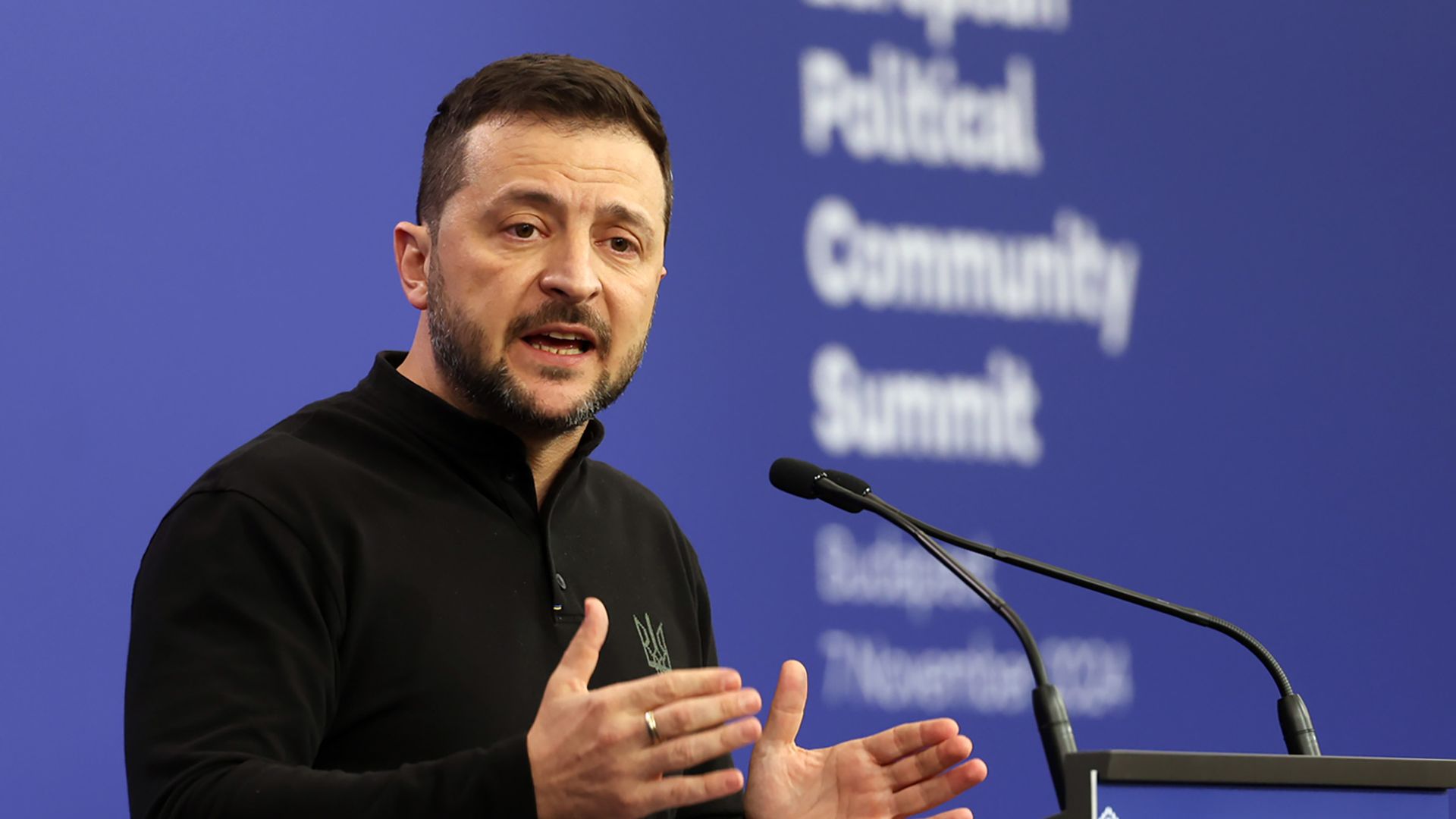 Volodymyr Zelenskyy speaks during a press conference at the European Political Community summit at Puskas Arena on November 7, 2024 in Budapest, Hungary.