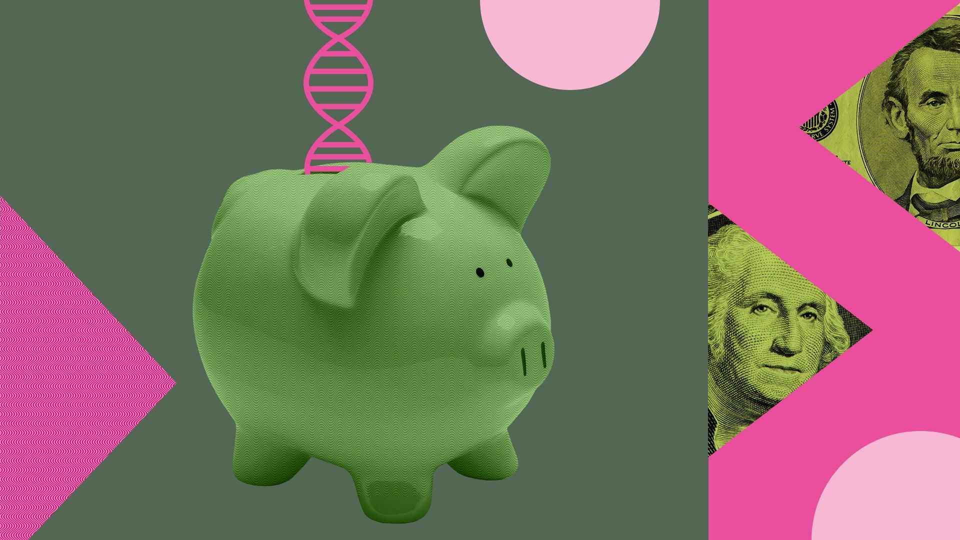Illustration of a piggy bank and DNA surrounded by abstract shapes and money.