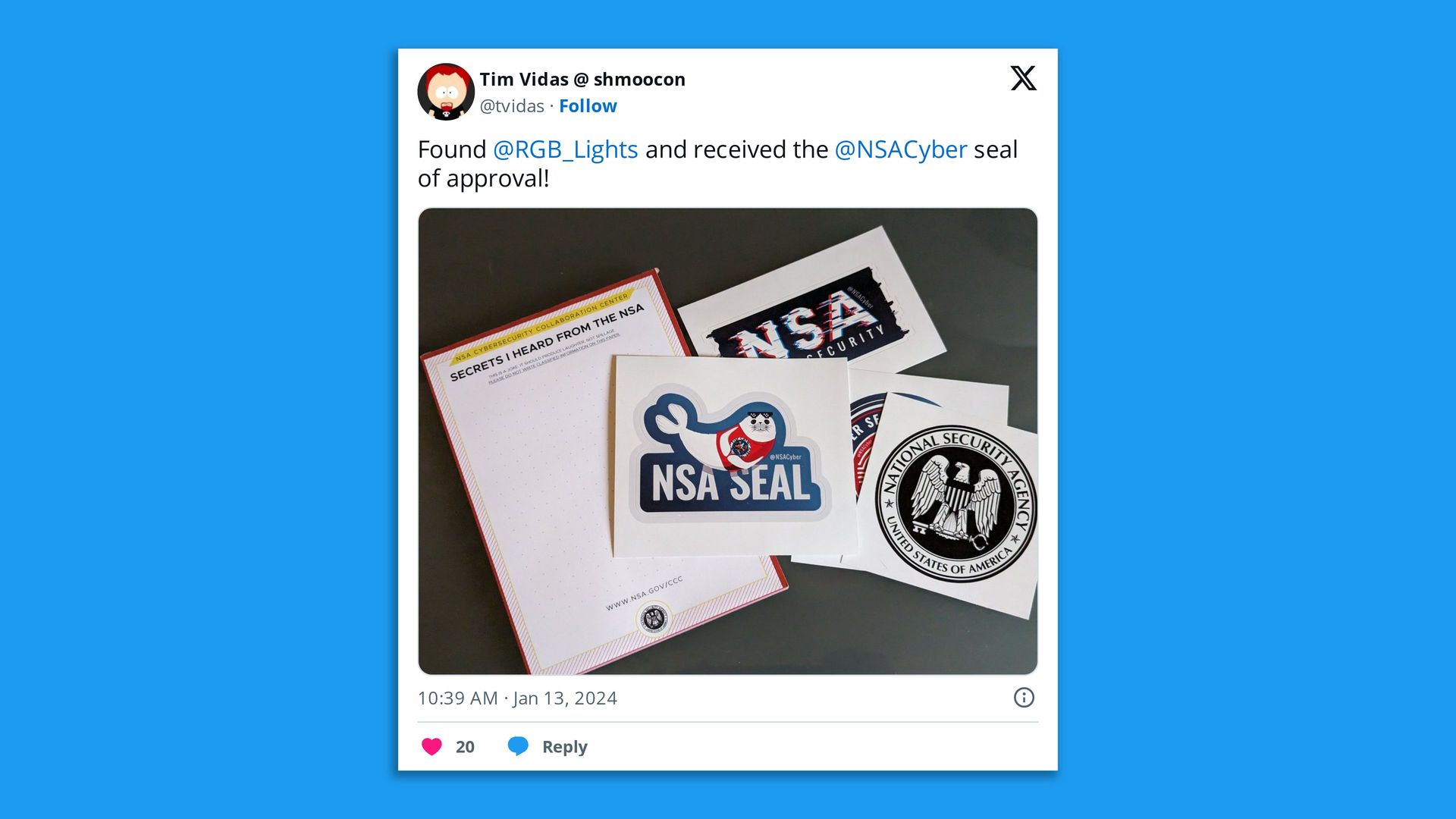 Image of a tweet with a photo of NSA conference swag seen at ShmooCon in DC.