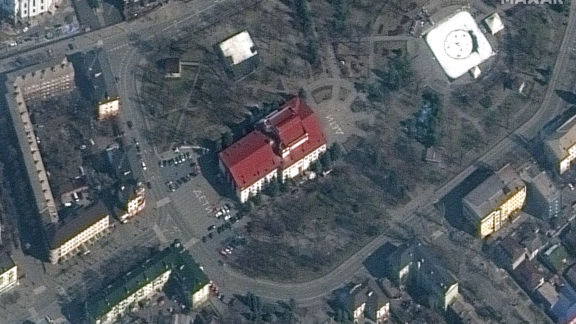 A satellite image captured on March 14 of the Donetsk Regional Drama Theatre in Mariupol before it was destroyed on Thursday. 