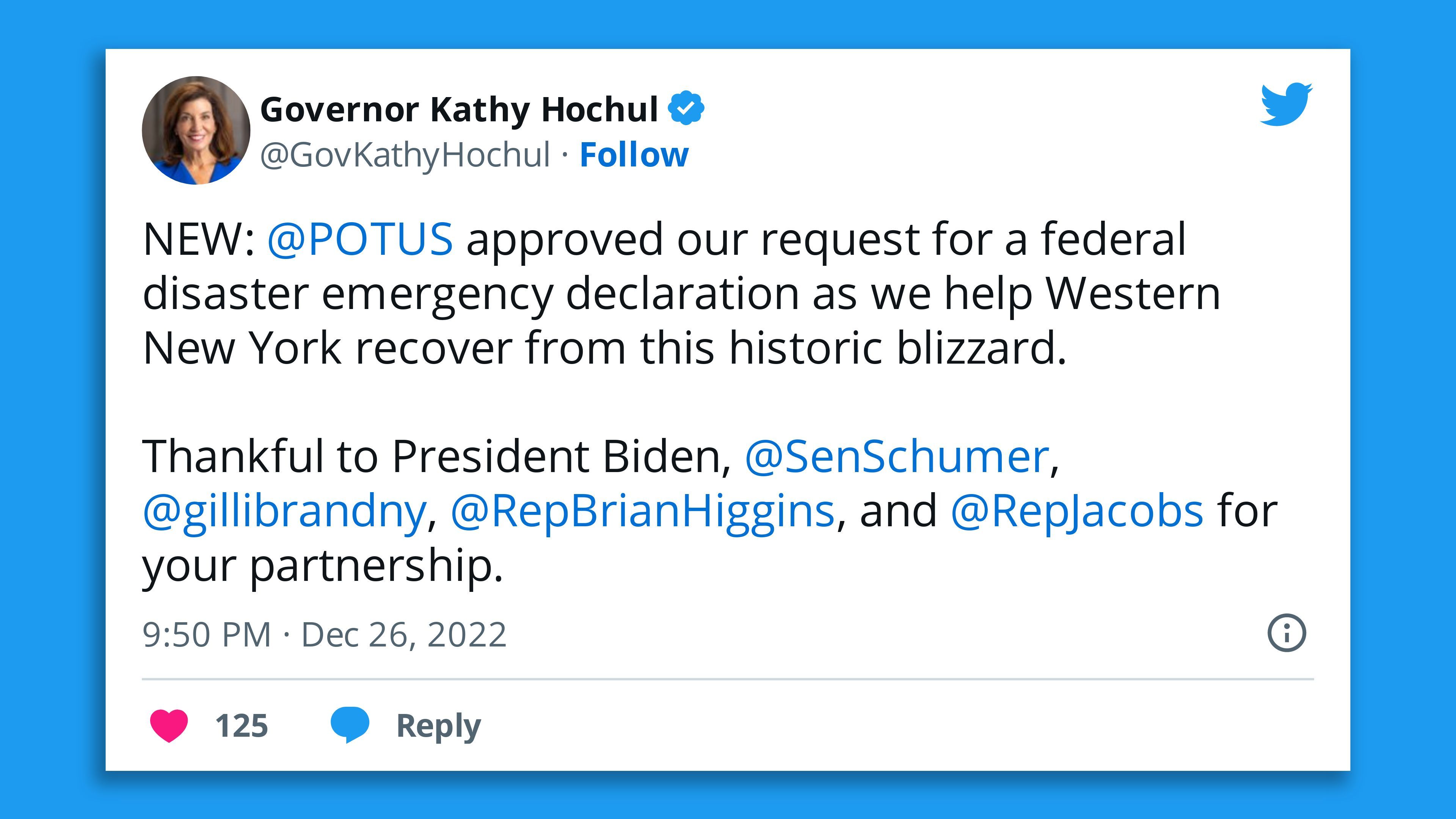 A screenshot of New York Gov. Kathy Hochul's tweet thanking President Biden for his emergency declaration in response to the historic Buffalo blizard.