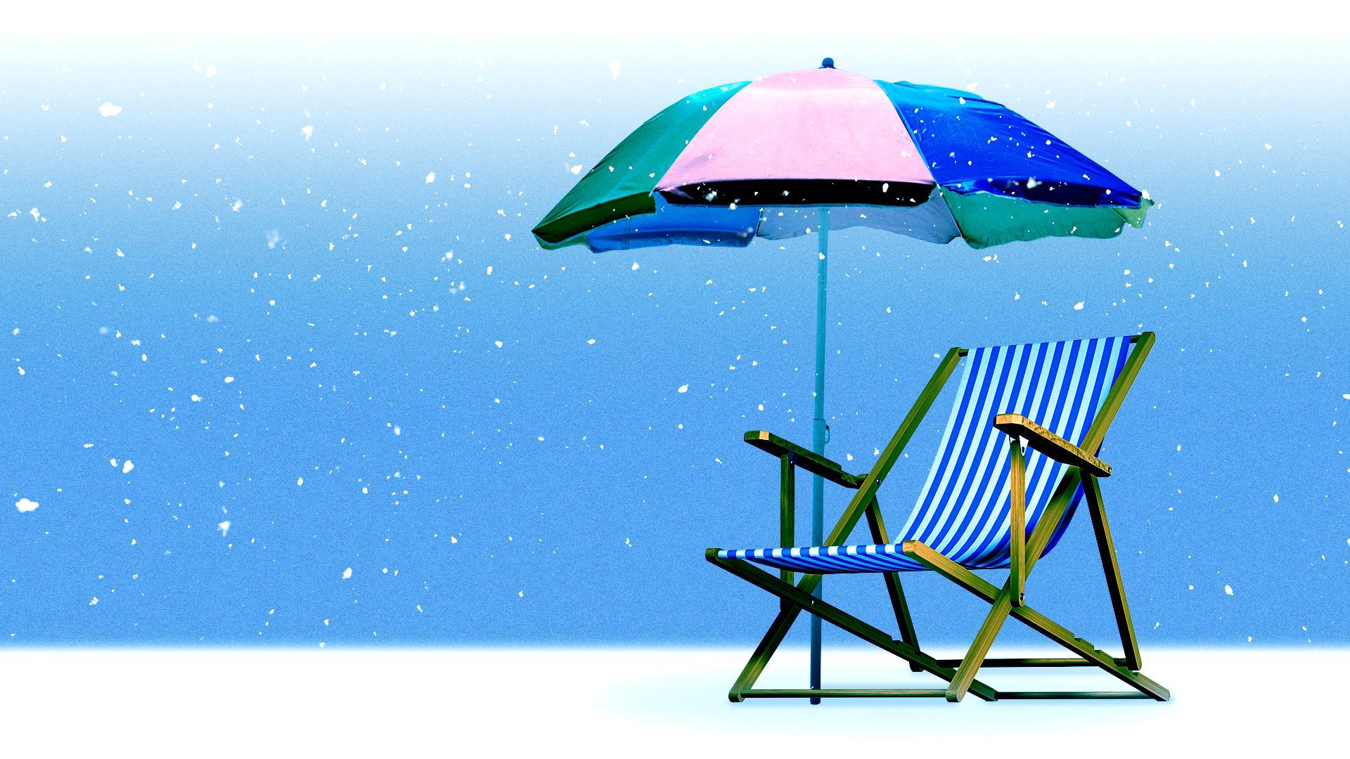 Illustration of a beach chair and umbrella under snowfall.