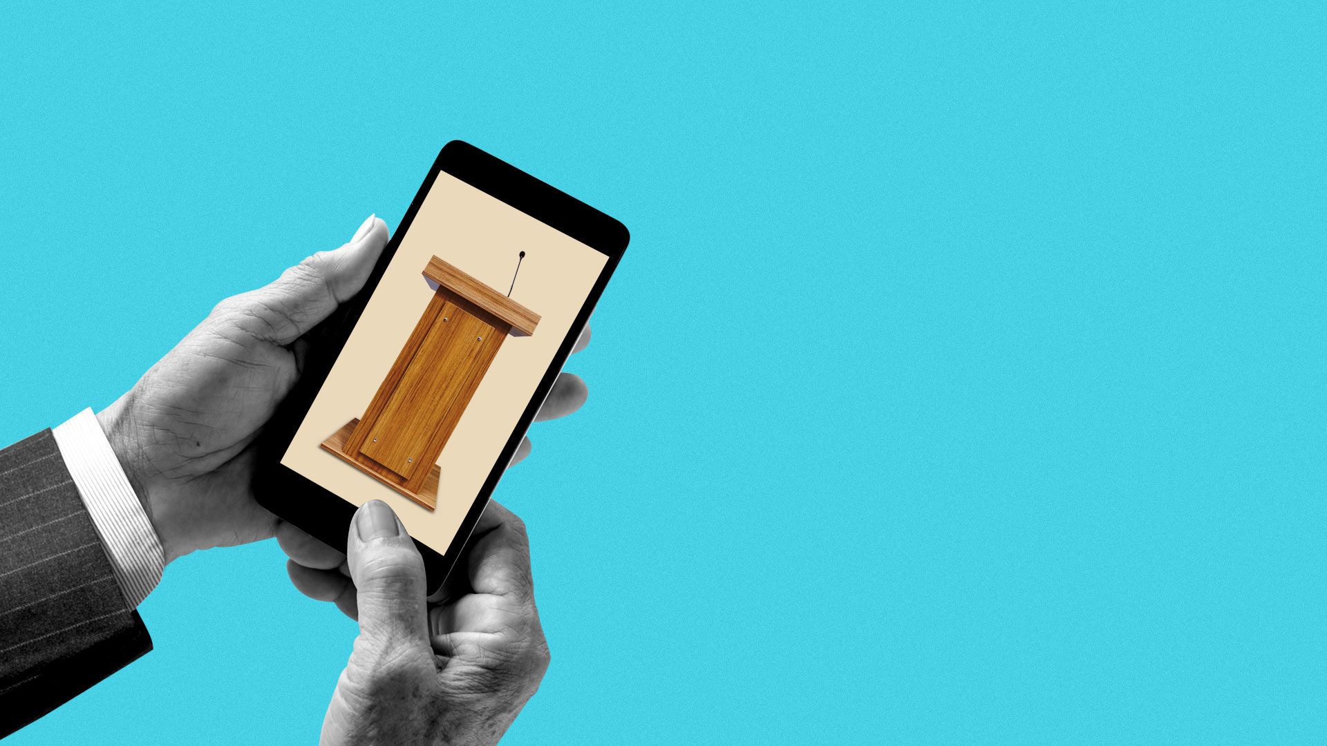 Illustration of older hands holding a phone with a picture of a podium