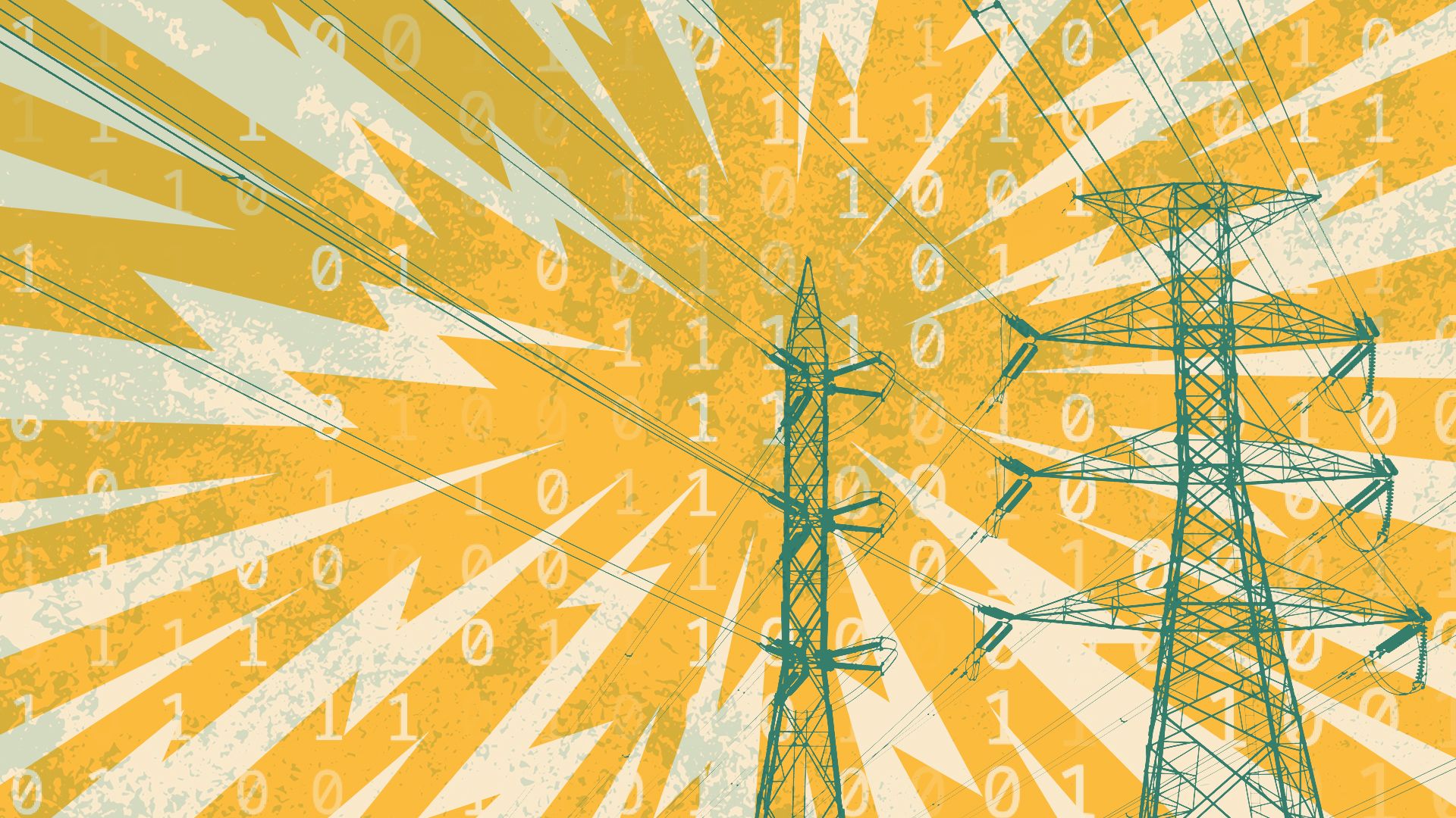 Illustration of lightning bolts and binary code over an image of high voltage power lines