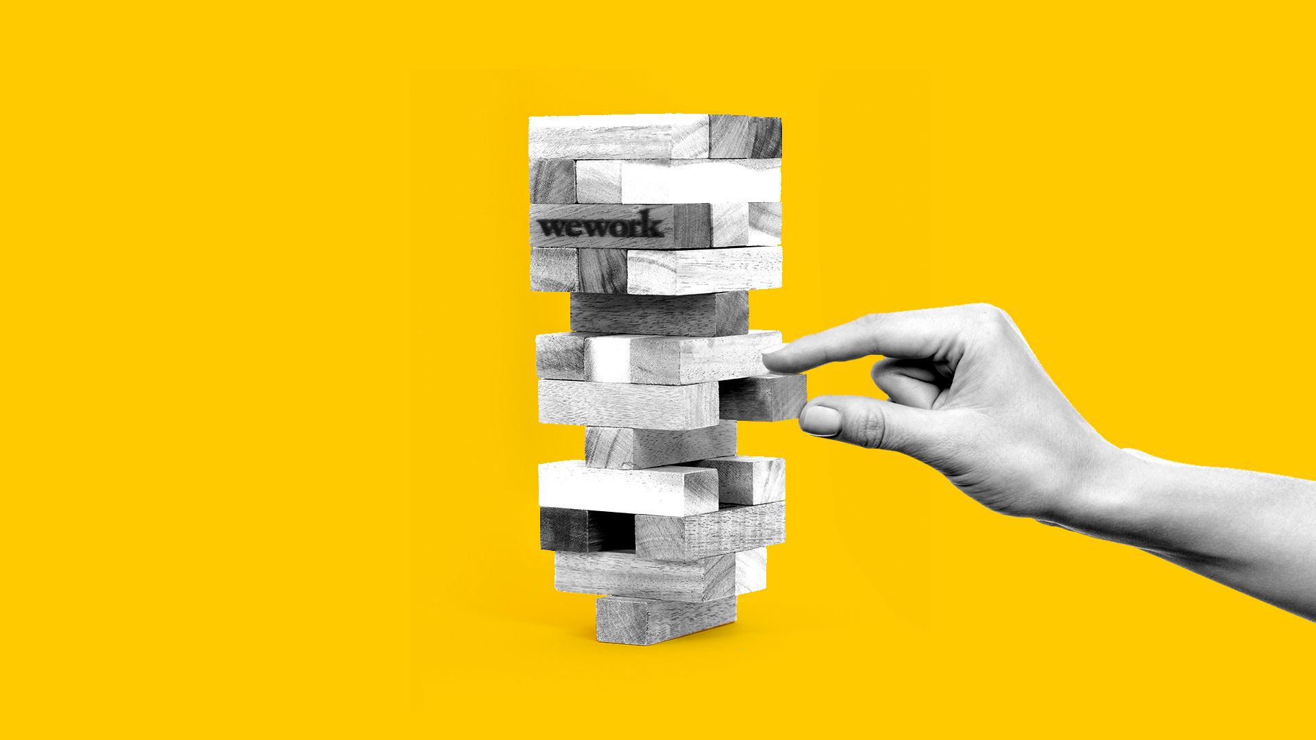 In this illustration, the WeWork logo is on a Jenga piece that balances precariously as someone removes a Jenga block underneath it.