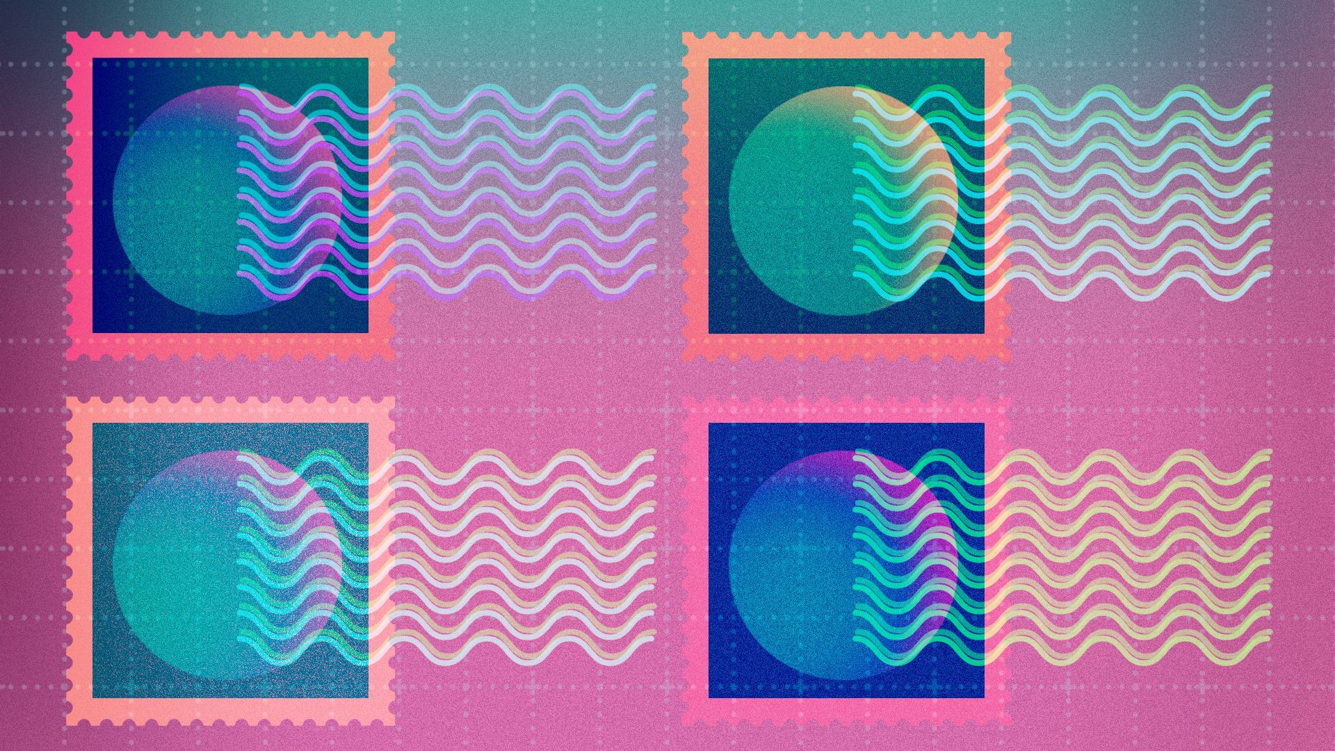 Illustration of different colored postage stamps with circles on them on a grid
