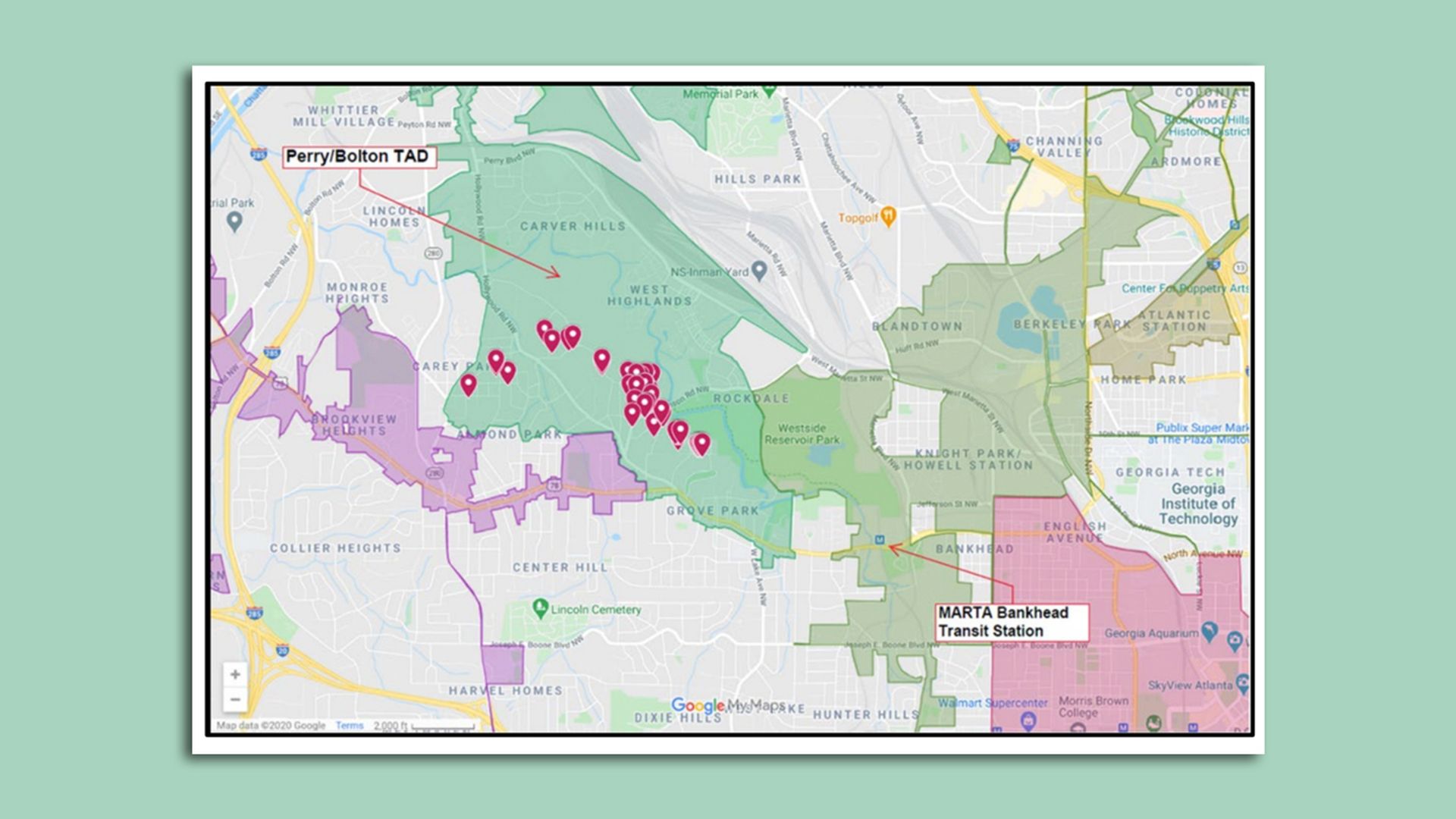 Screenshot showing where new homes will be constructed near Westside Park in Atlanta.