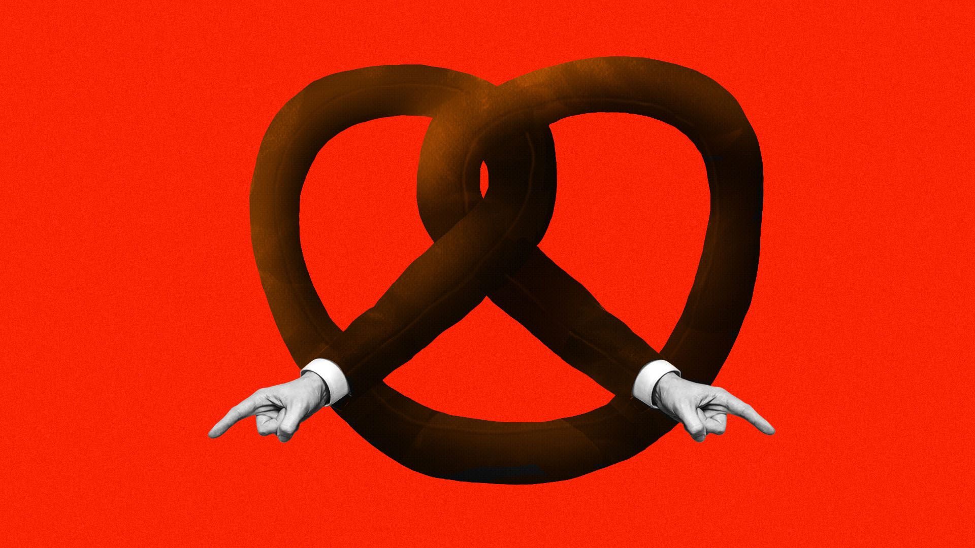 Illustration of two pointing arms in the shape of a pretzel.