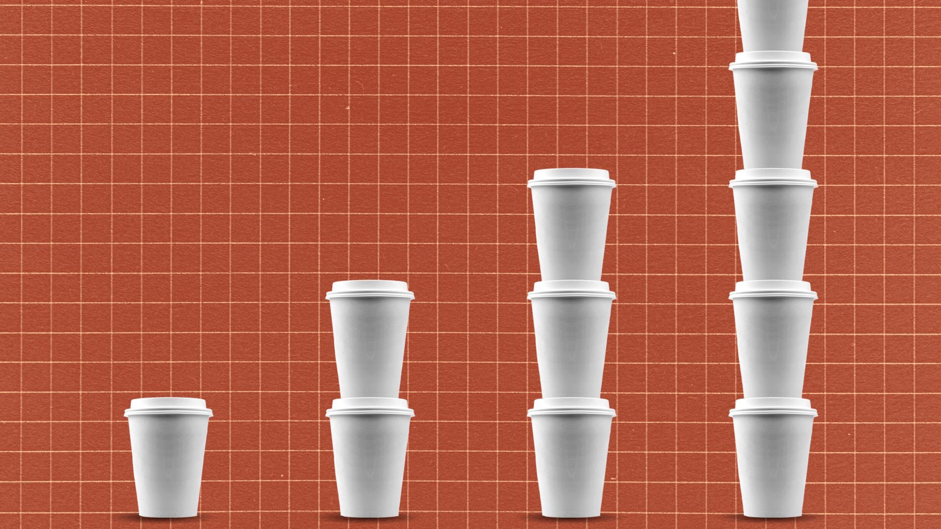 Illustration of coffee cups arranged in growing stacks over a grid. 