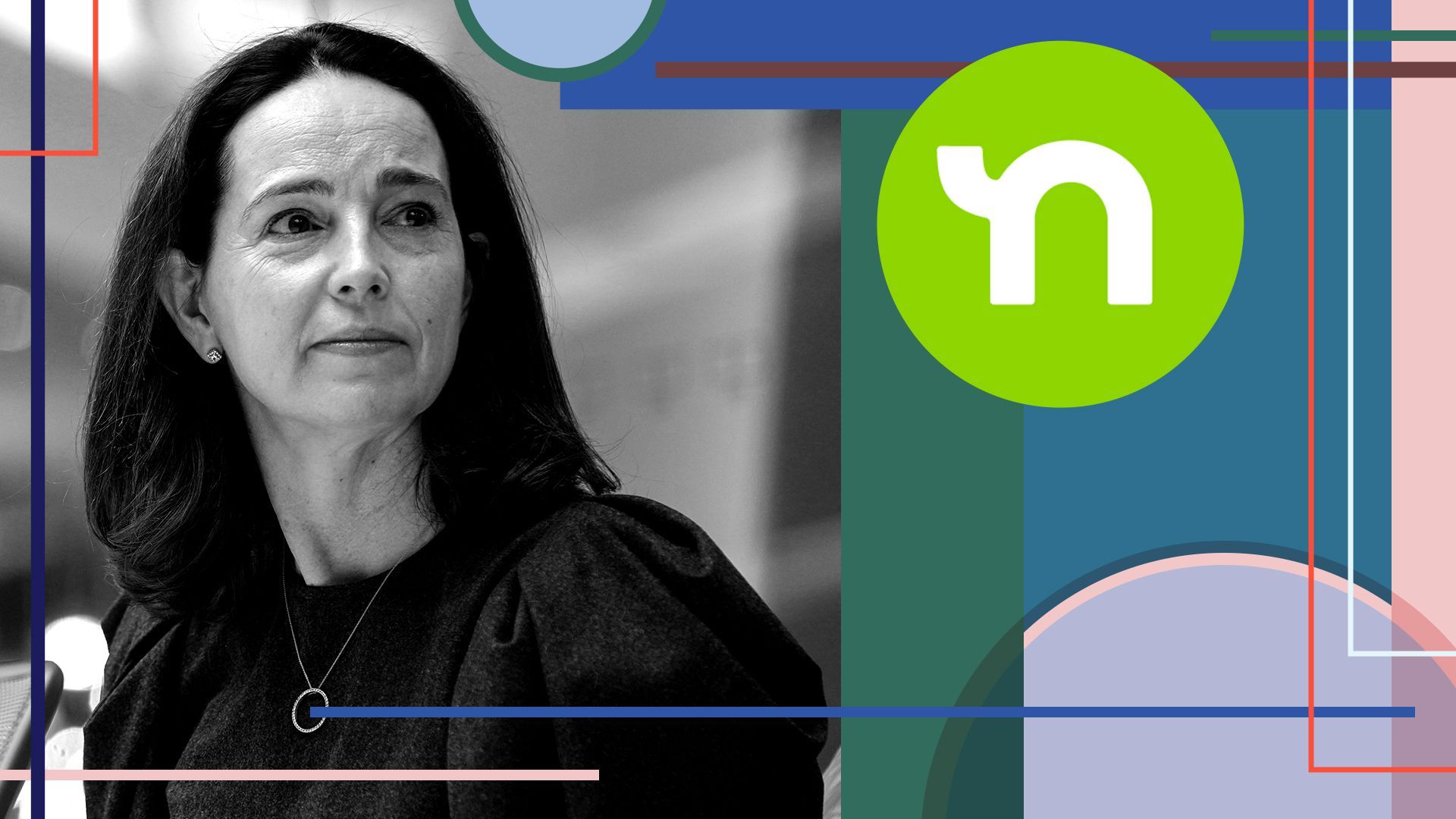 Photo illustration of Sarah Friar and the Nextdoor logo.