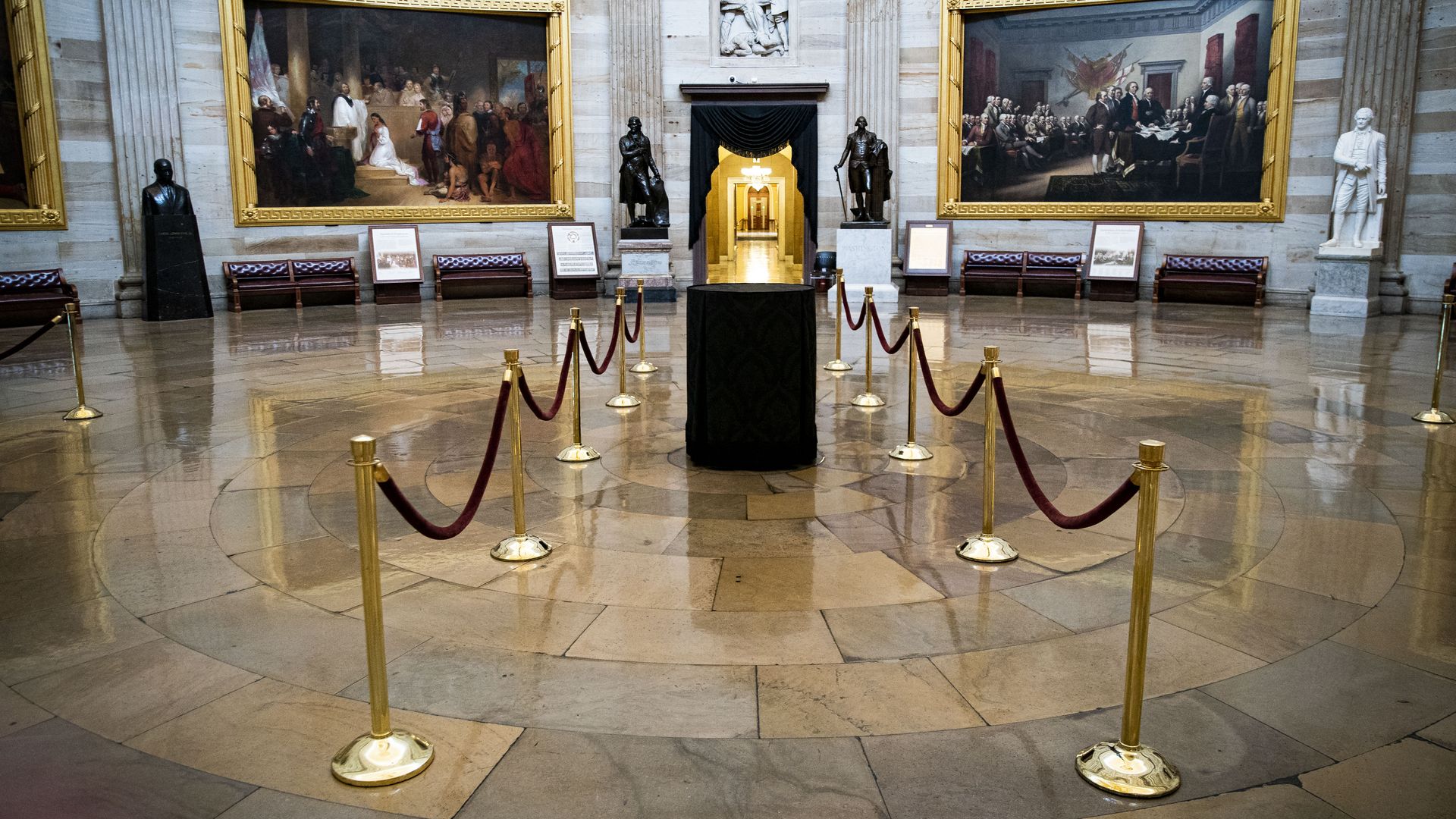 A funeral bier is seen awaiting the ashes of Officer Brian Sicknick, who died during the Capitol siege on Jan. 6.