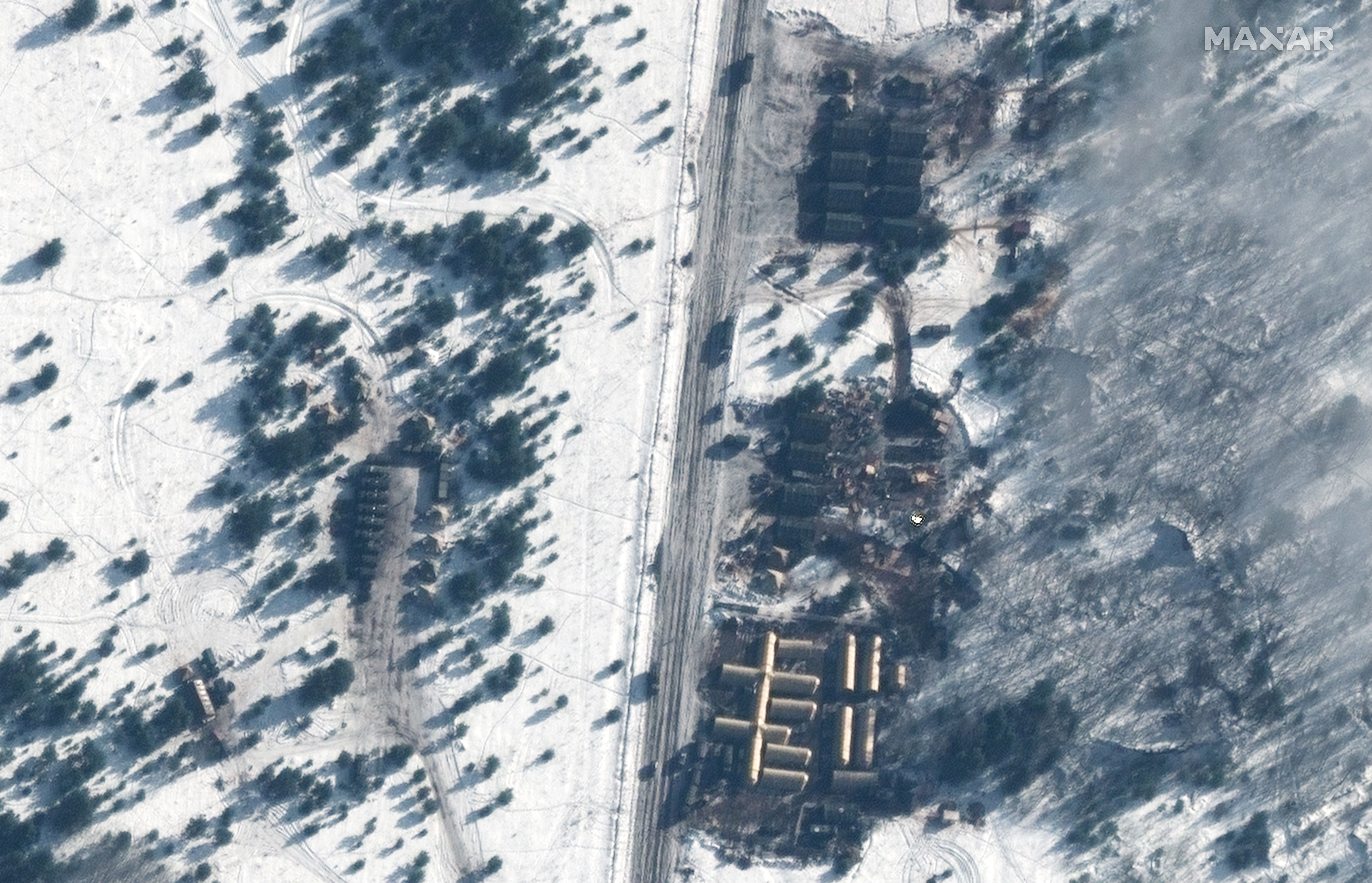 A satellite image of a troop housing area and field hospital at an airfield near Gomel, Belarus.