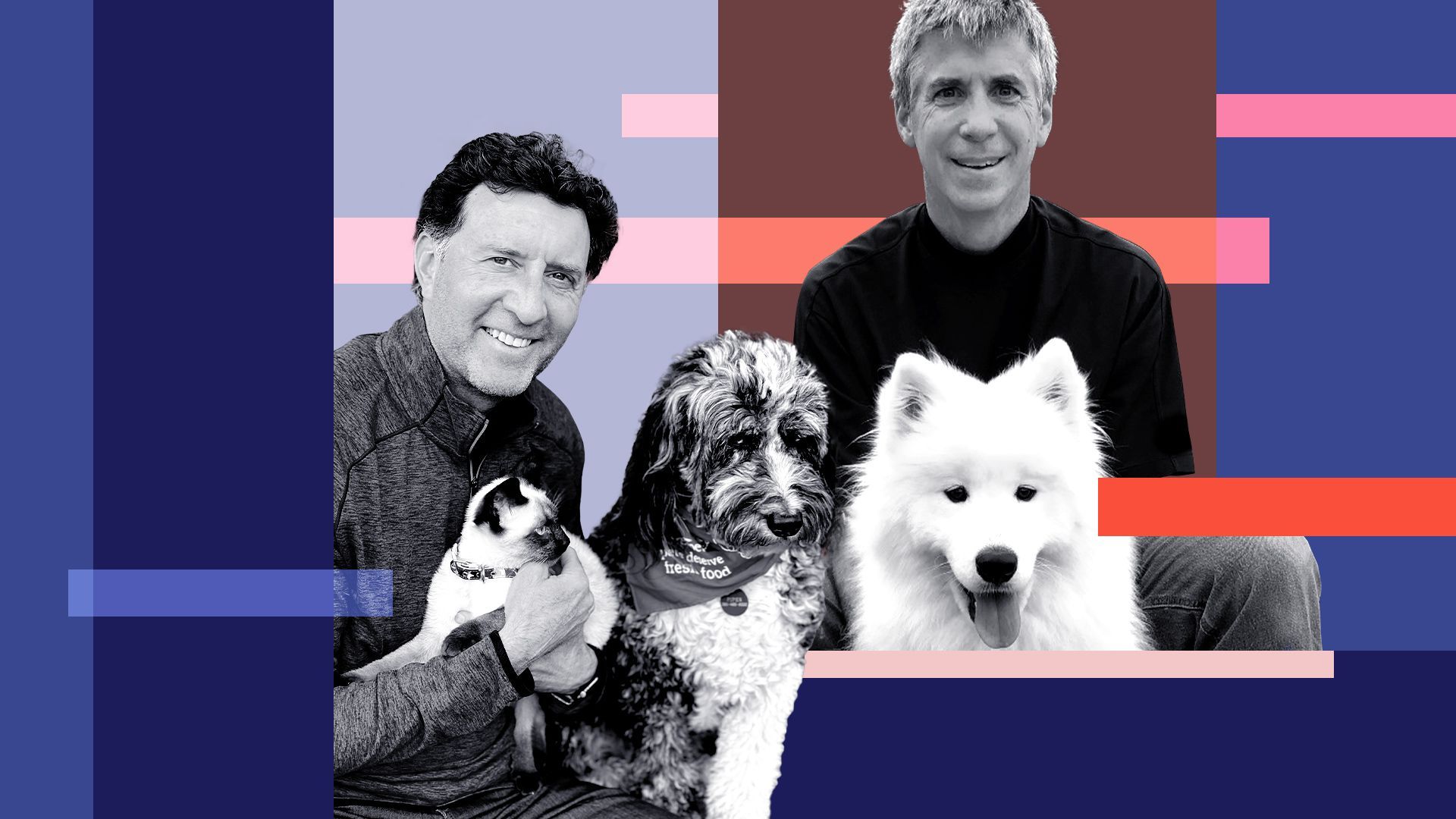 Photo illustration of Billy Cyr and Scott Morris with pets.