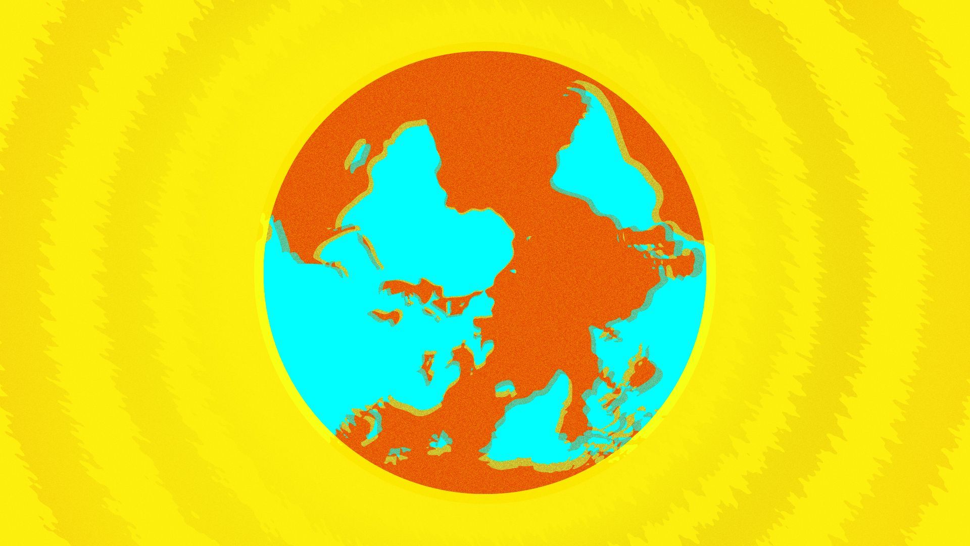 Illustration of an upside down globe in alarming colors with radiating lines.