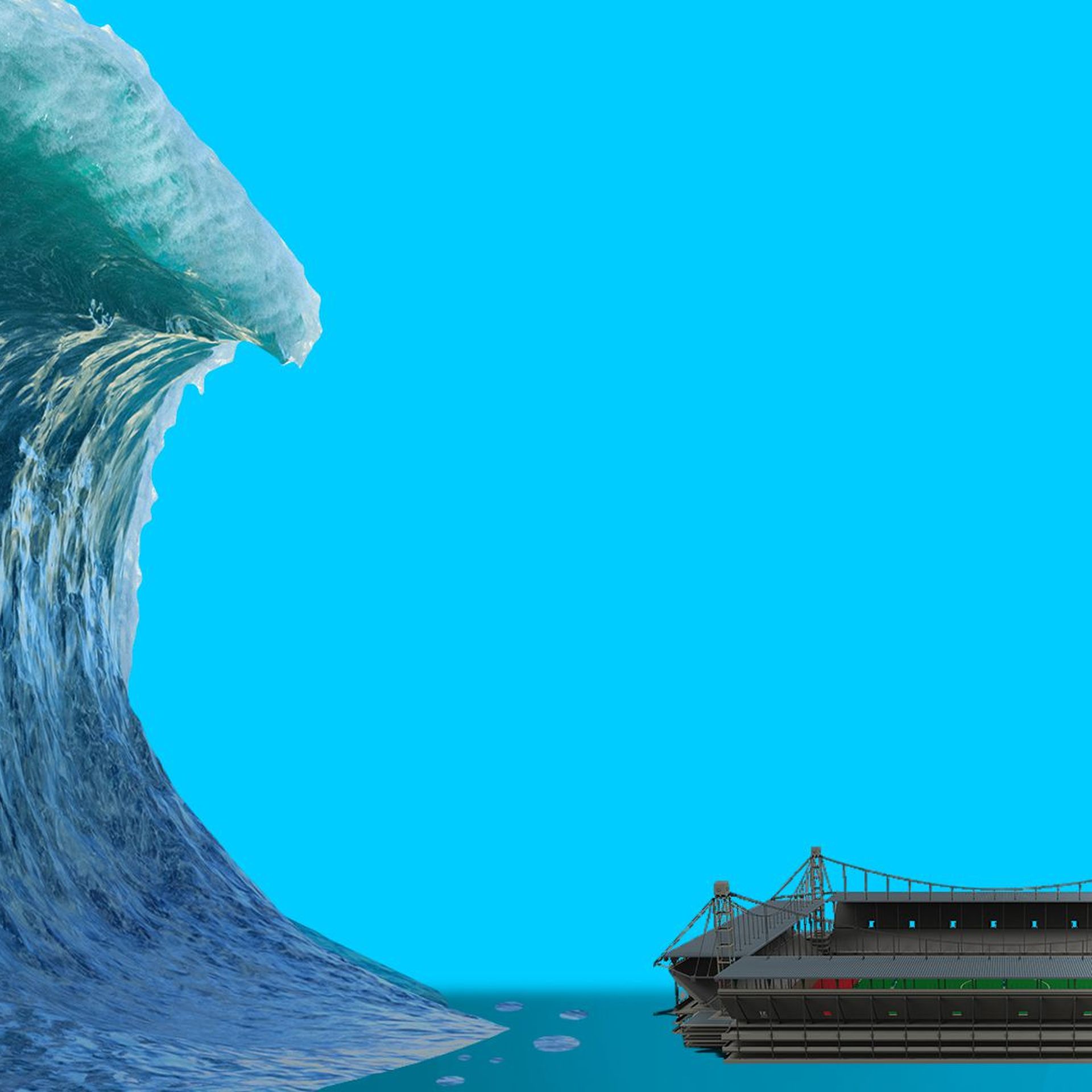 Illustration of a giant wave casting a shadow over a stadium. 