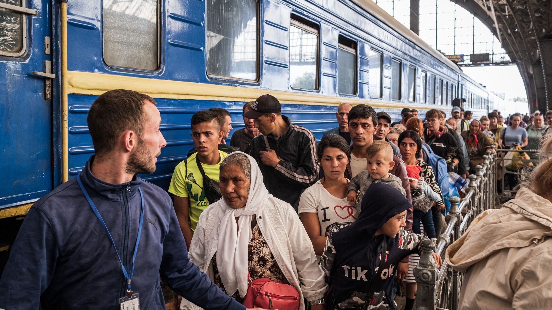 An evacuated train with people from the Donetsk region arrives at the railway station in Lviv, Ukraine on May 28, 2022.