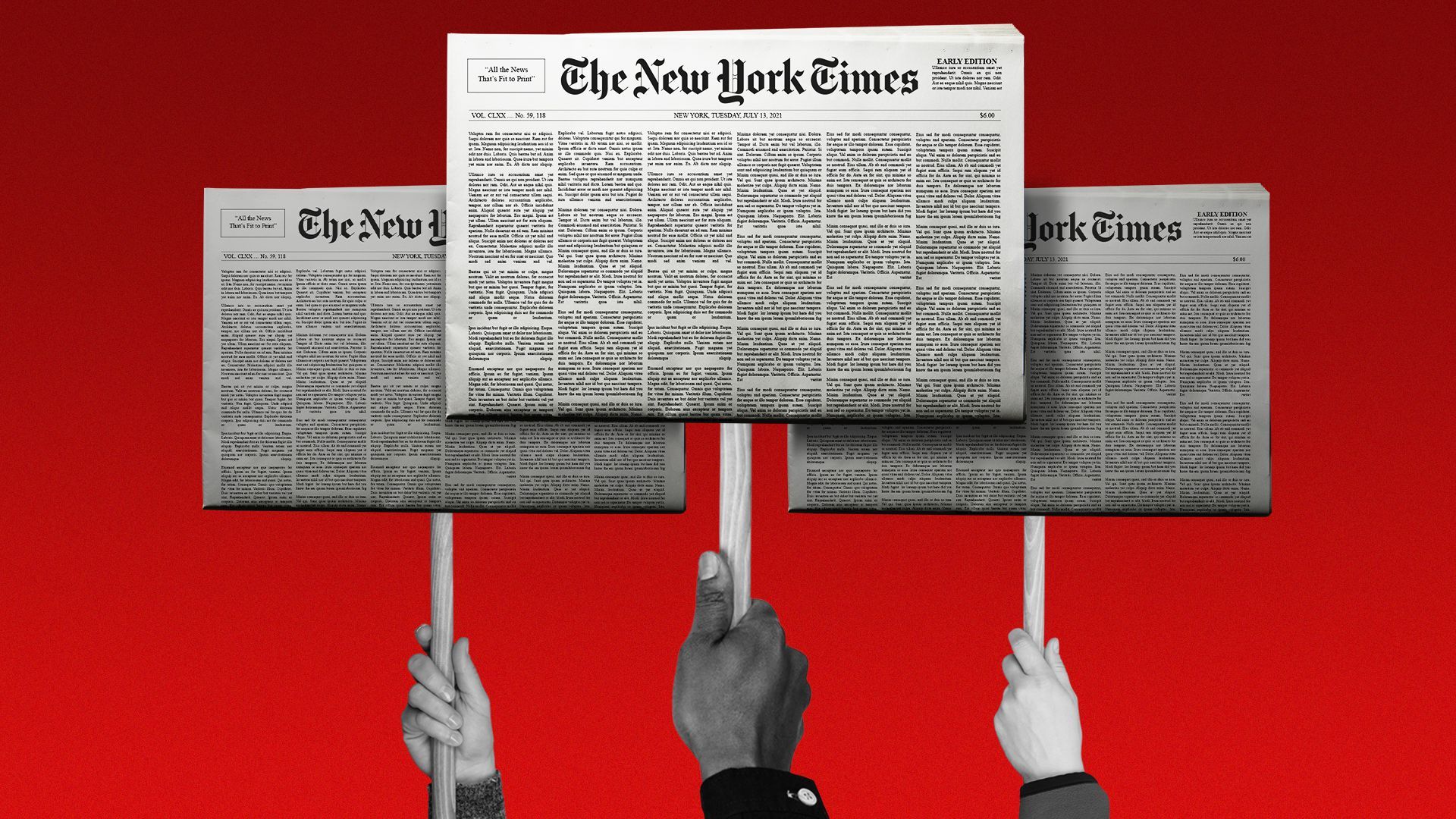 Illustration of people holding picket signs made of the front pages of The New York Times.