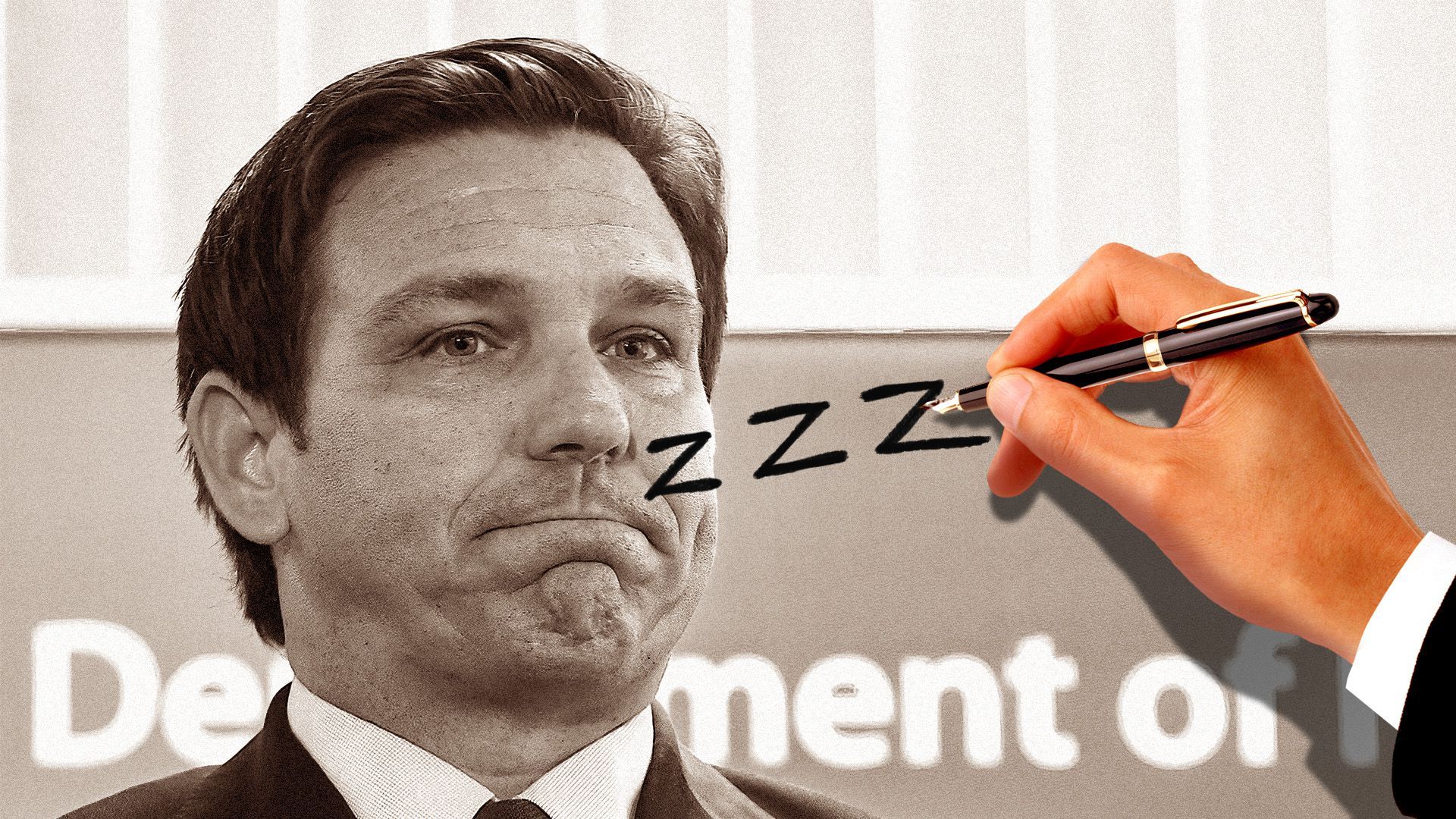 Photo illustration of a hand drawing 's on the face ofFlorida Governor Ron DeSantis 