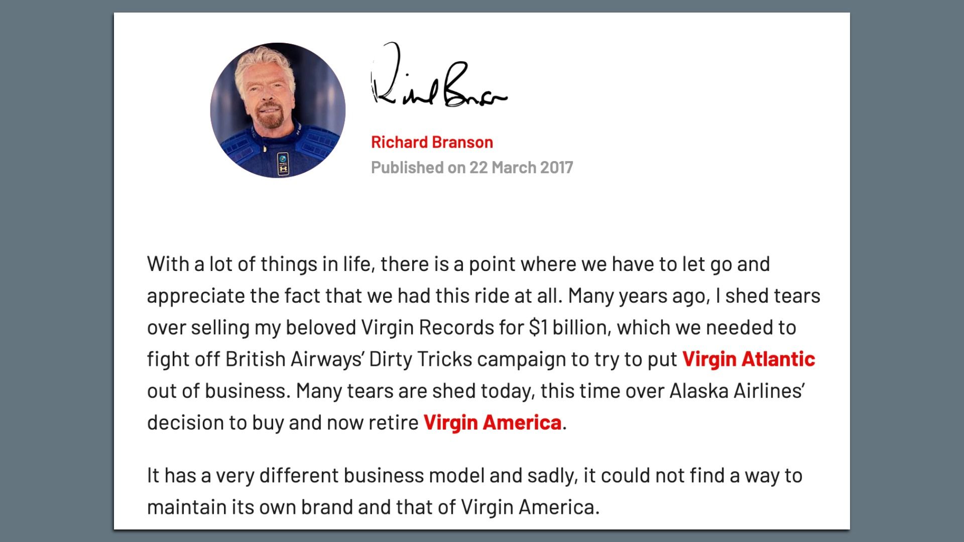 Header of an article showing a circular portrait of Richard Branson, a handwritten signature, red title 'Richard Branson', gray subtitle 'Published on 22 March 2017', and visible body text.