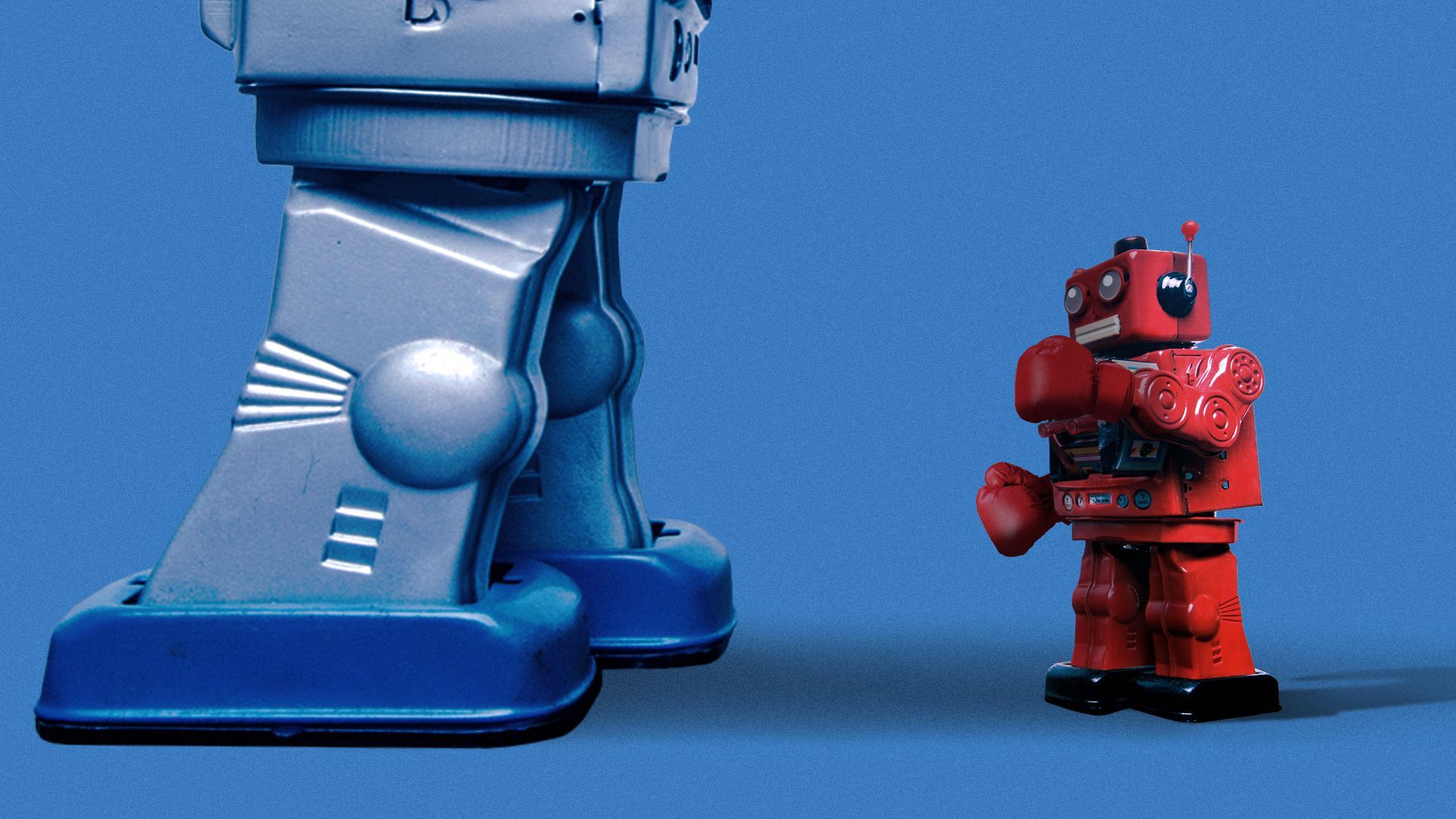 Illustration of a small robot wearing boxing gloves facing a larger robot.