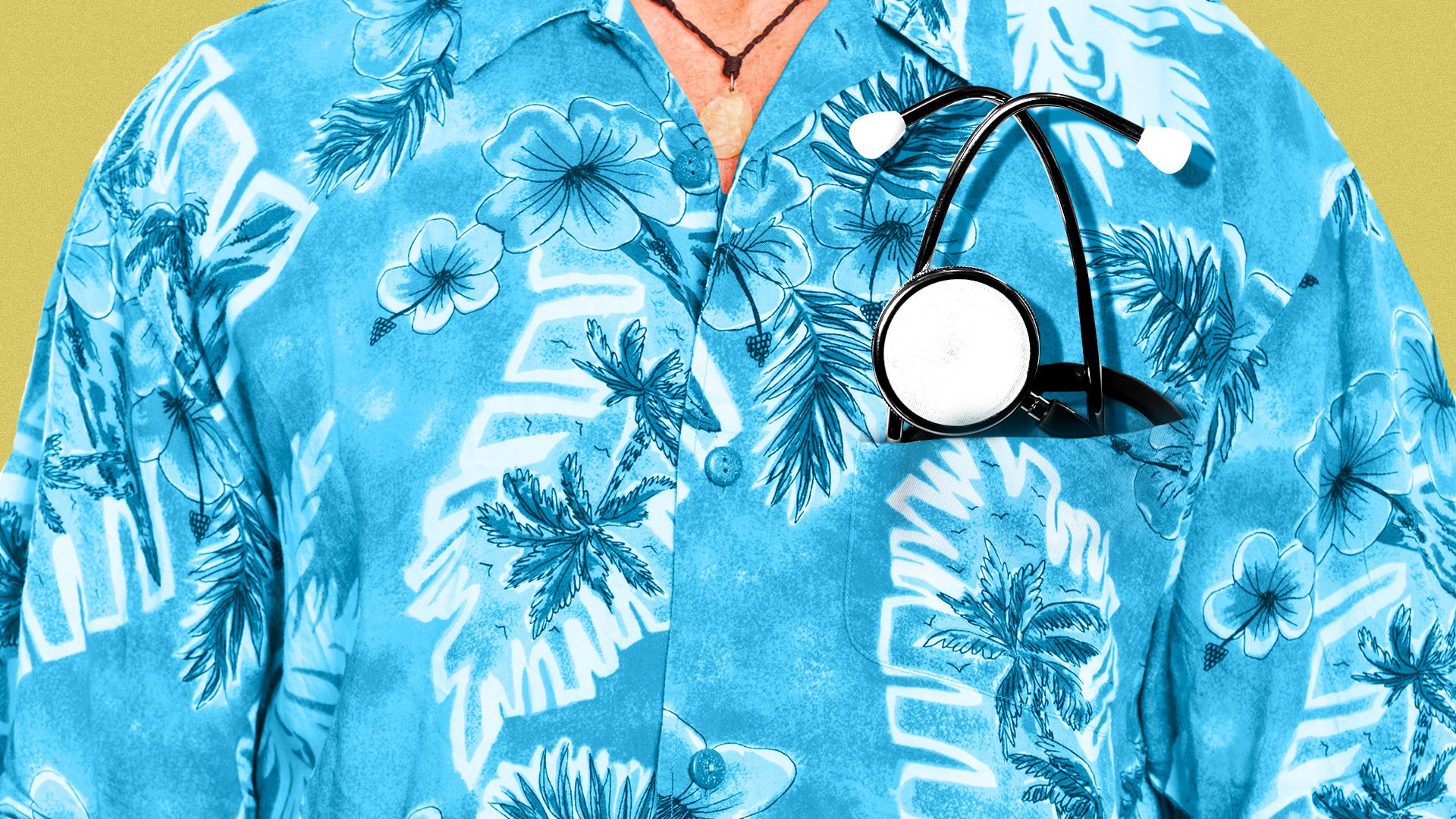 Illustration of a man in a hawaiian shirt with a stethoscope in the chest pocket.