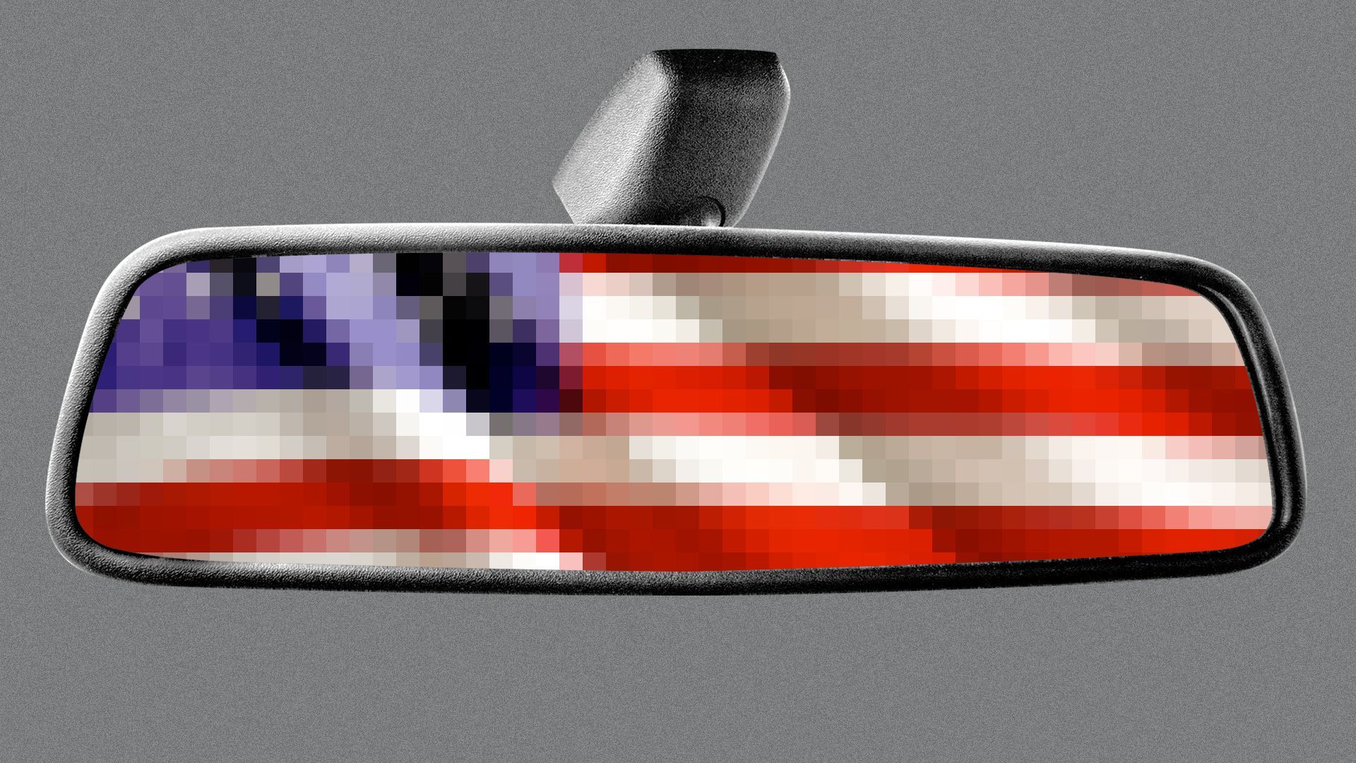 Illustration of a rearview mirror with a pixelated American flag reflected in it.