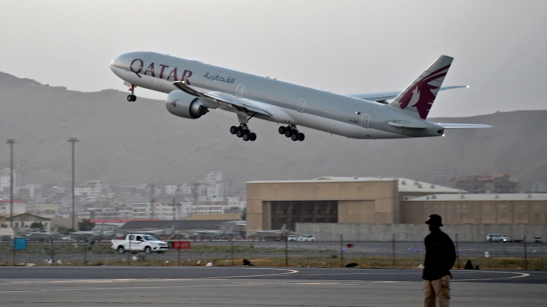A Qatar Airways aircraft taking off from the airport in Kabul on Sept.  9.