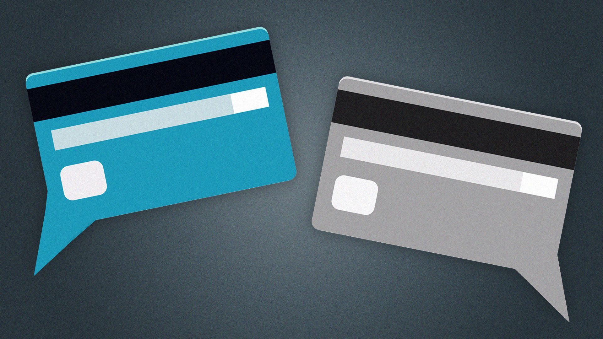 an illustration of two credit cards stylized as speech bubbles