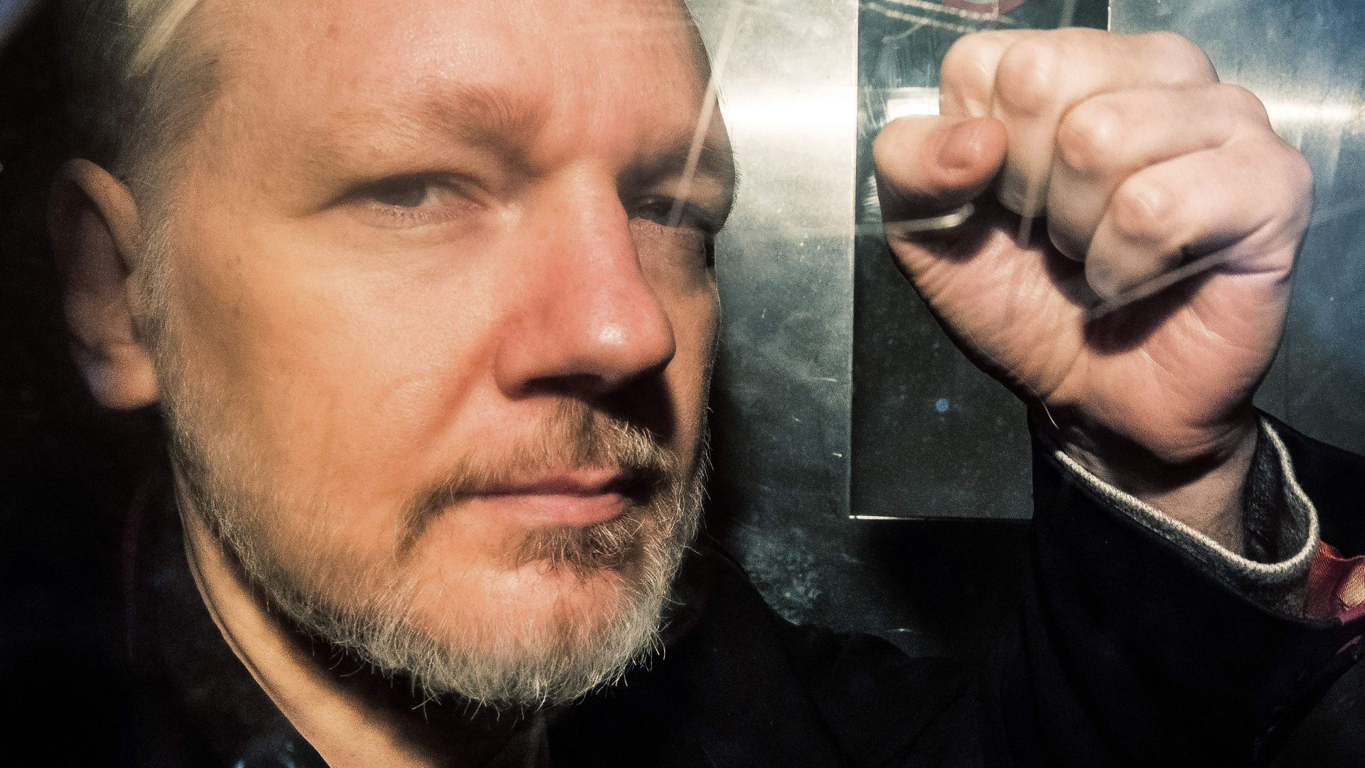 Julian Assange holding up a fist while looking into the camera. 