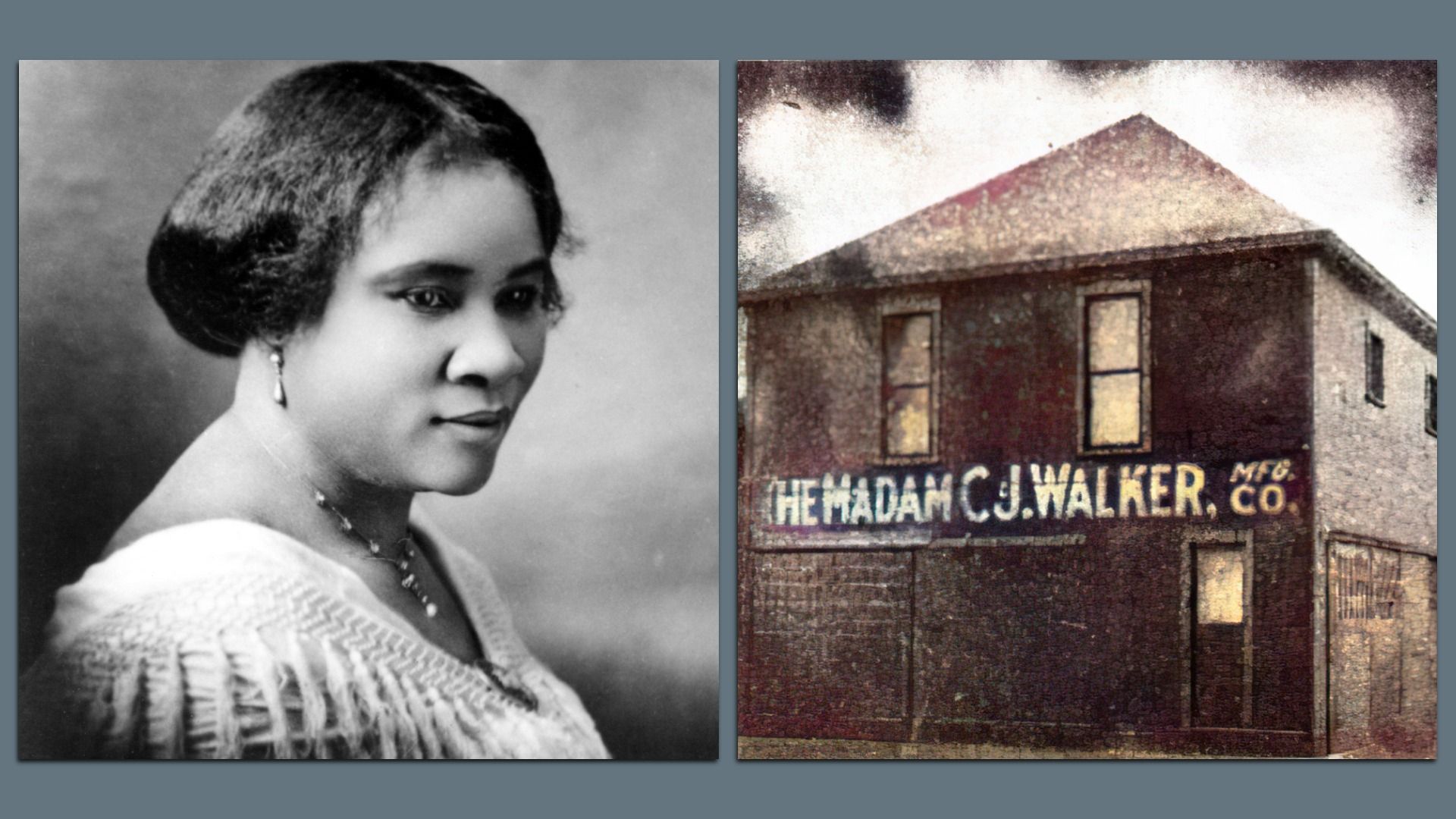 Portrait of American businesswoman, philanthropist, and activist Madam CJ Walker next to a view of the Madam C J Walker Manufacturing Company building in Indianapolis, Indiana, 1911. 