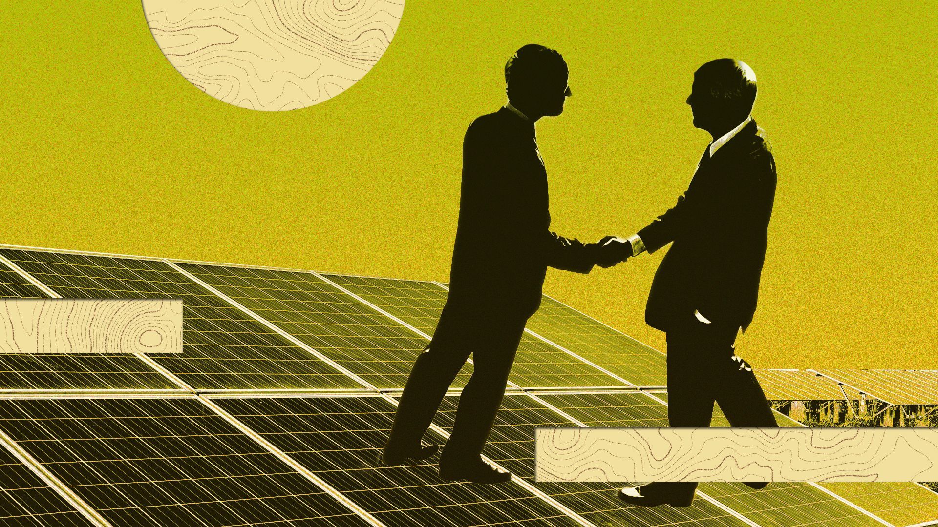 Photo illustration of two businessmen shaking hands with abstract shapes.